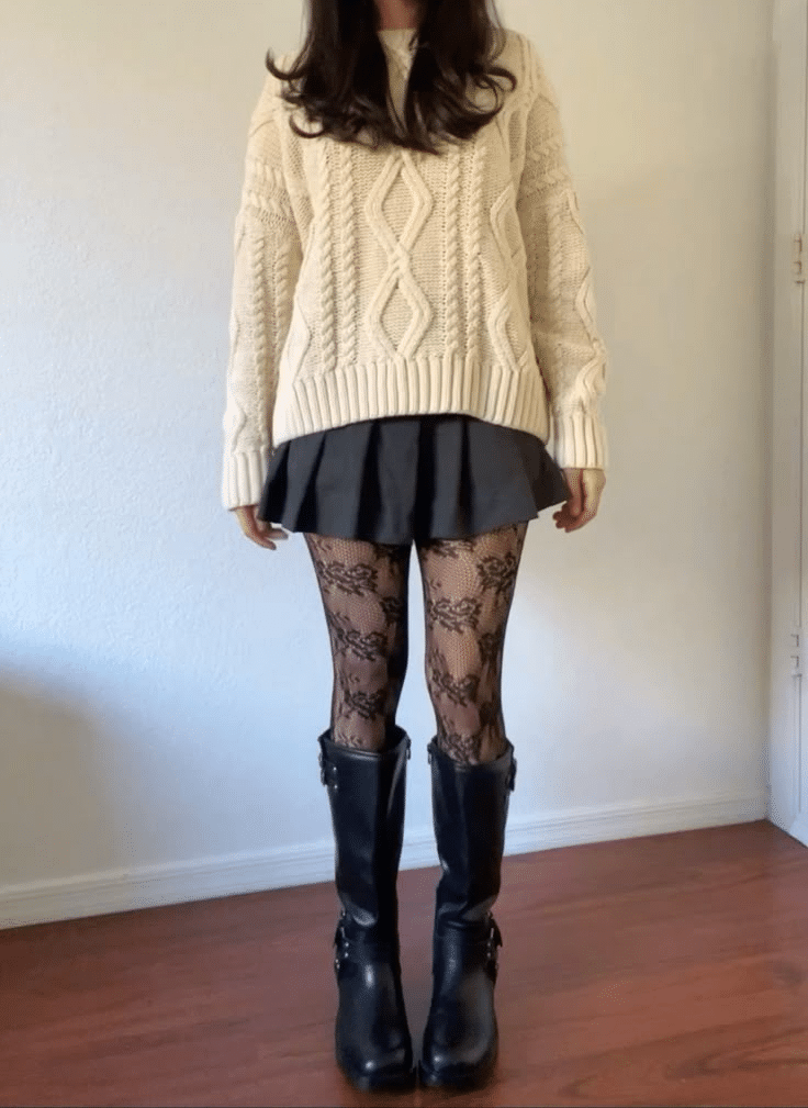 Cable-knit_sweater_with_Plaid_Mini-Skirt_with_Tights