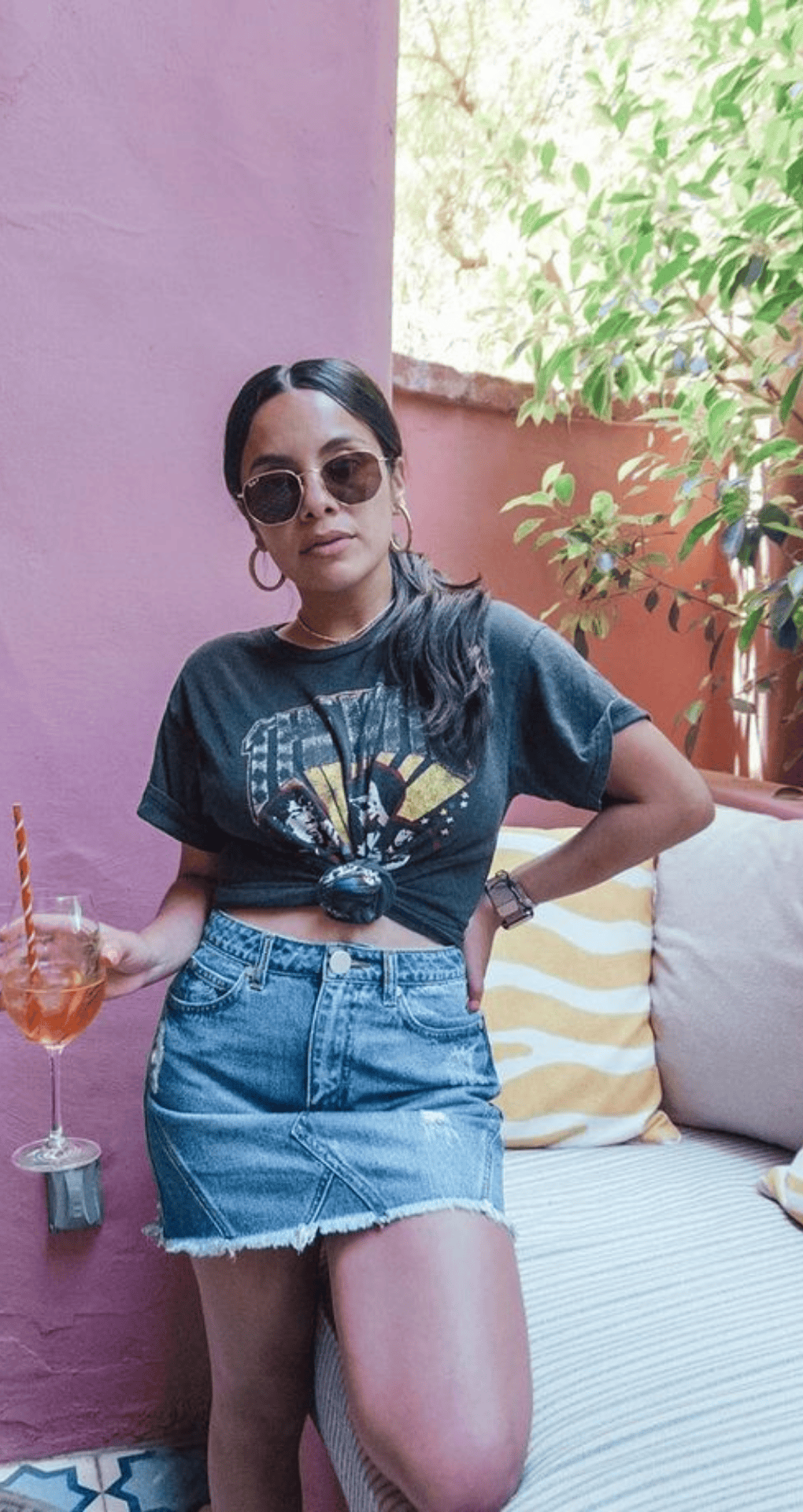 Denim Skirt & Knotted T-Shirt