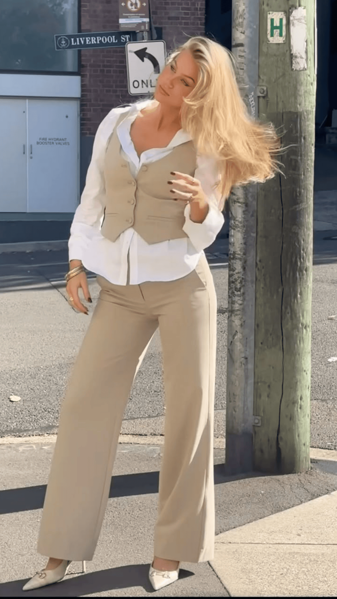 Khaki Color Vest & Beige Heels