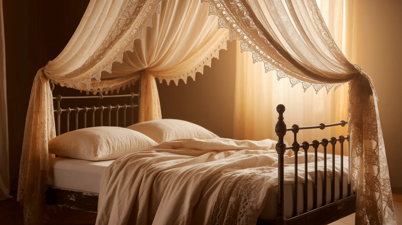 Lace Canopy Bed with Distressed Wood Frame