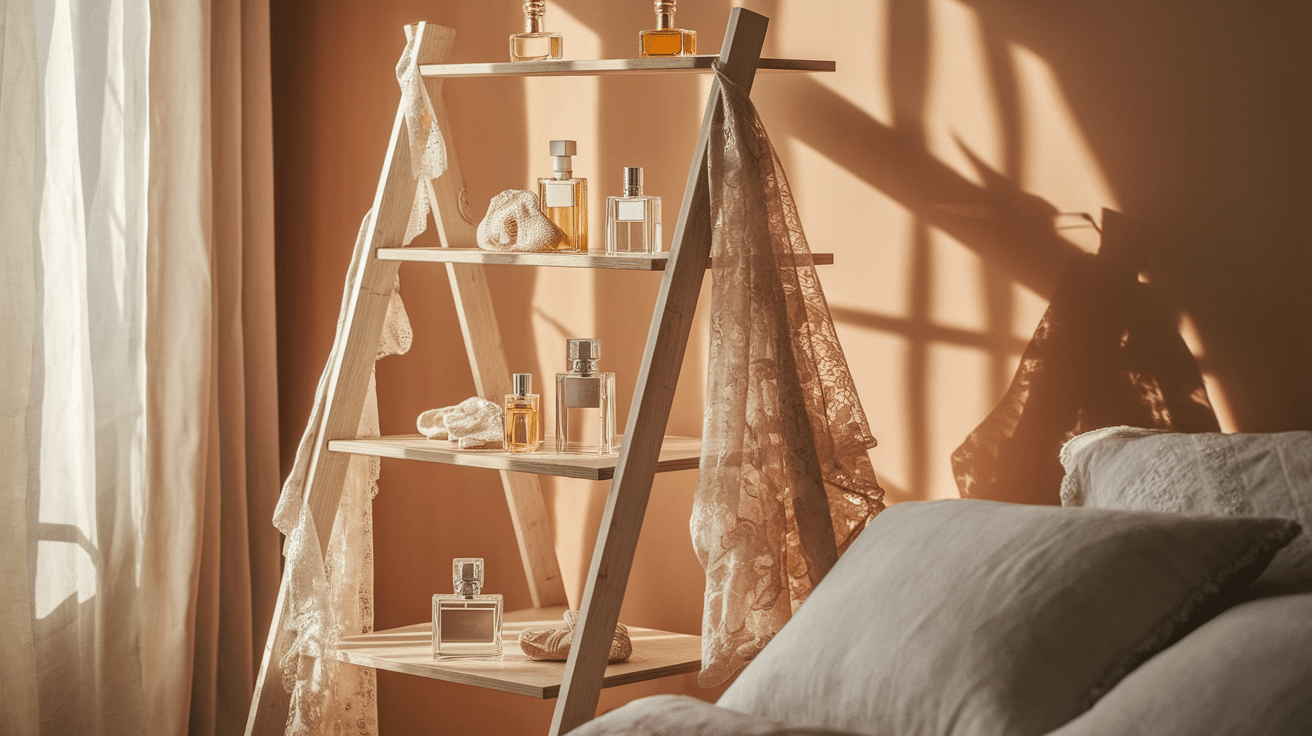 Ladder Shelf with Perfume Bottles and Lace Linens