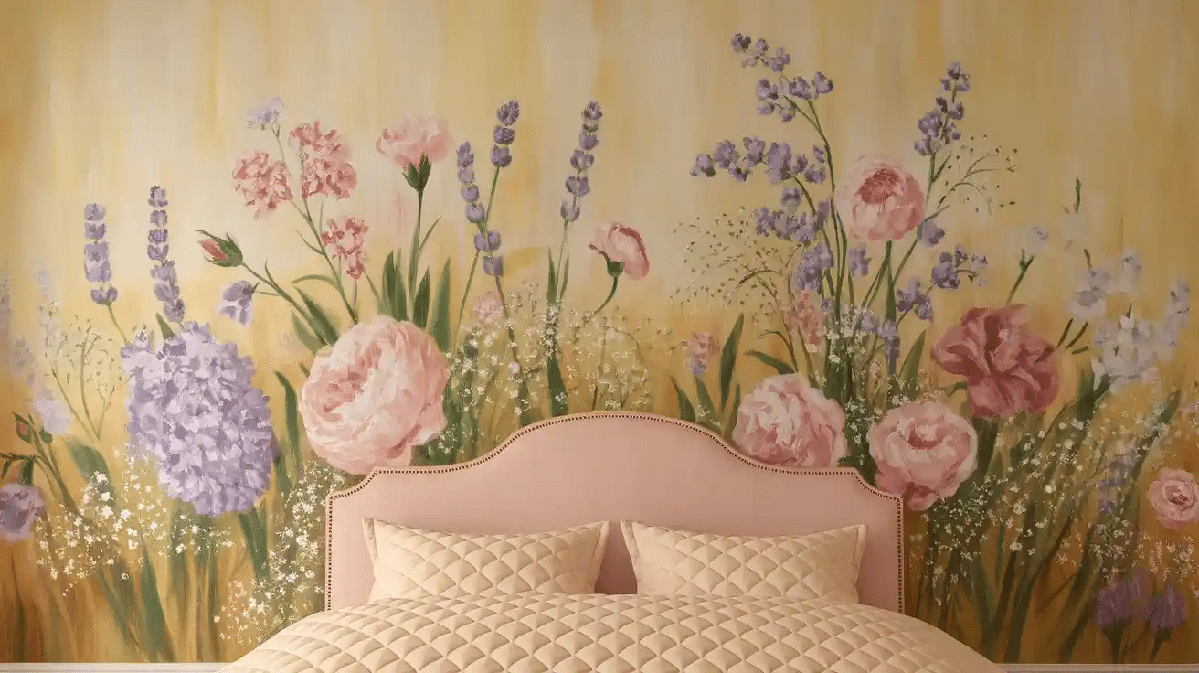 Painted Floral Mural Above the Headboard