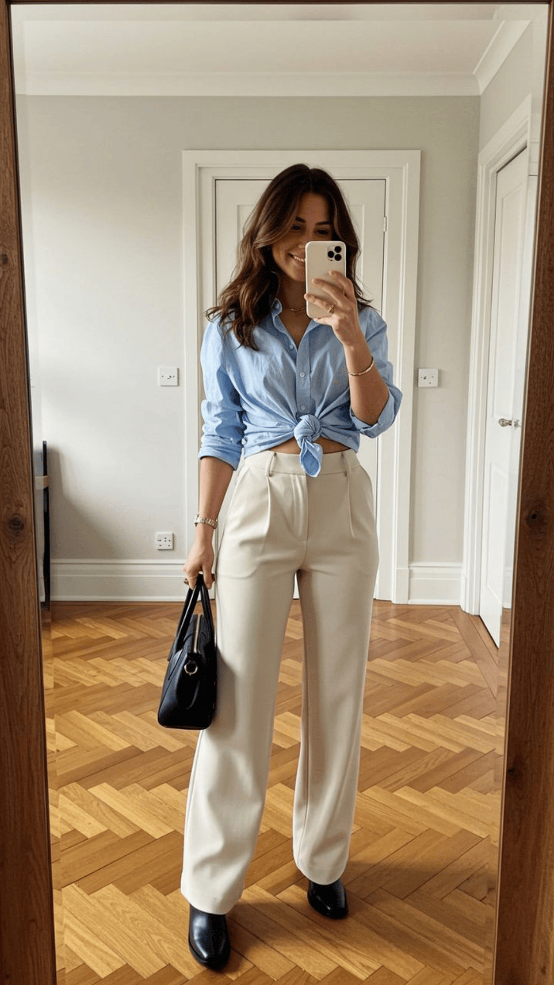 Pastel Blue Blouse & Beige Flats