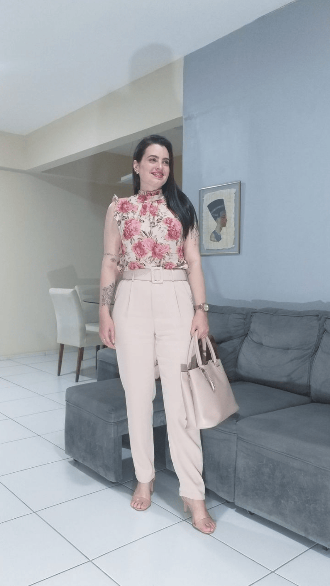 Pink Floral Blouse & Nude Heels