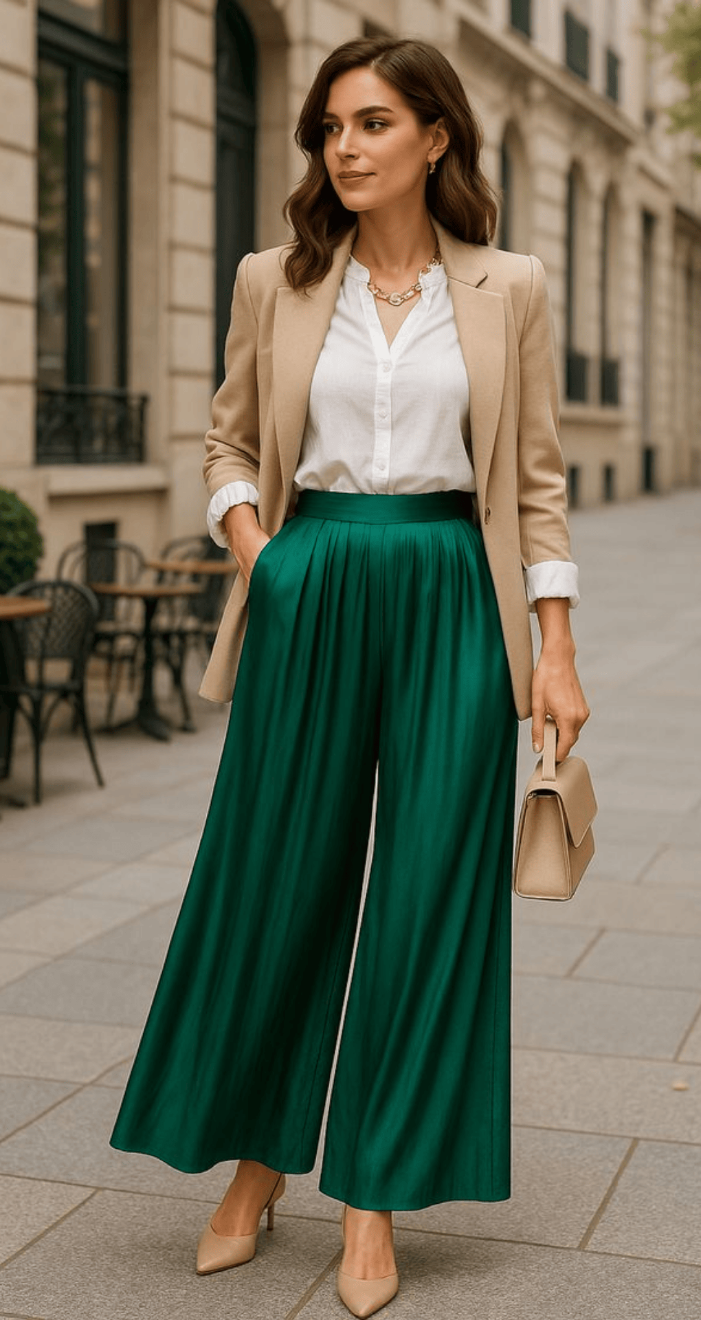 Silk Blouse with Wide-Legged Trousers