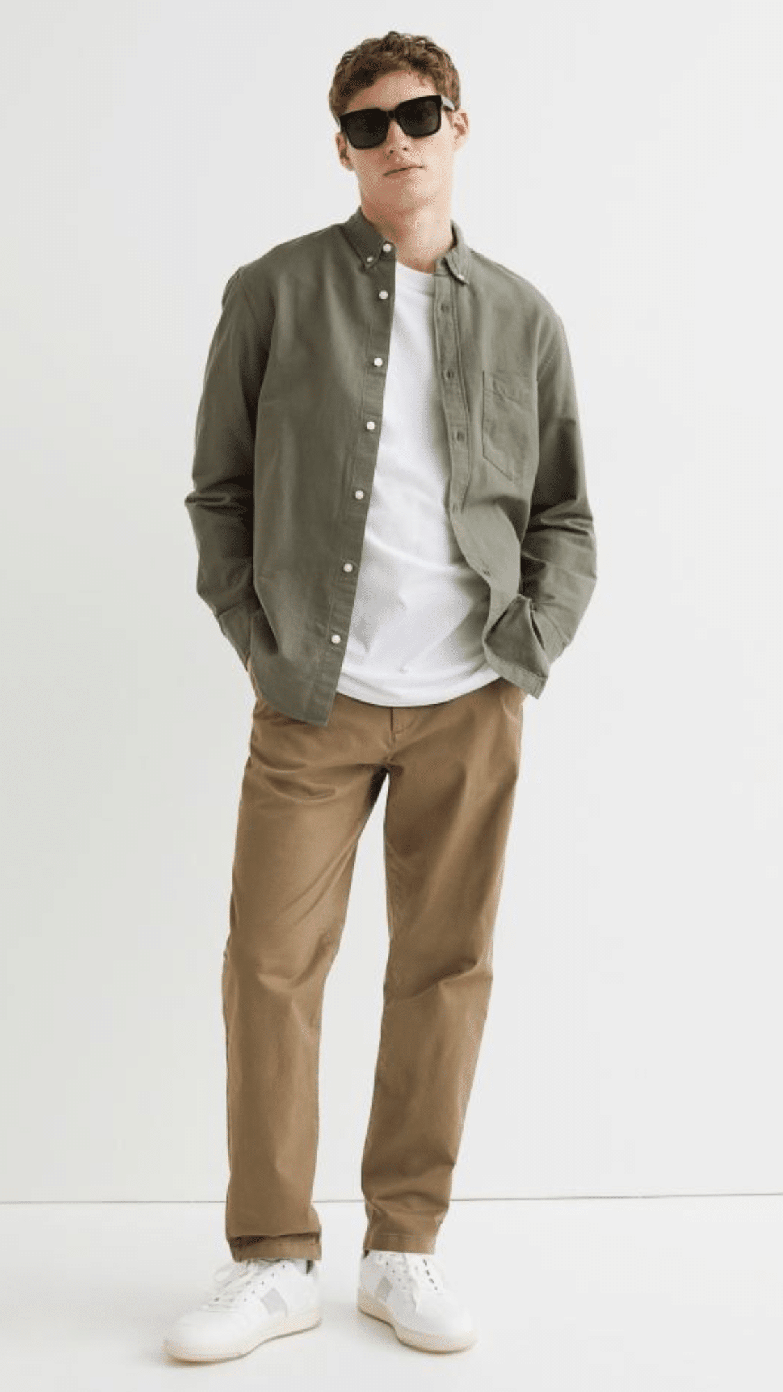 Khakhi Pants with Sage Green Button-Down Shirt & White tee (1)