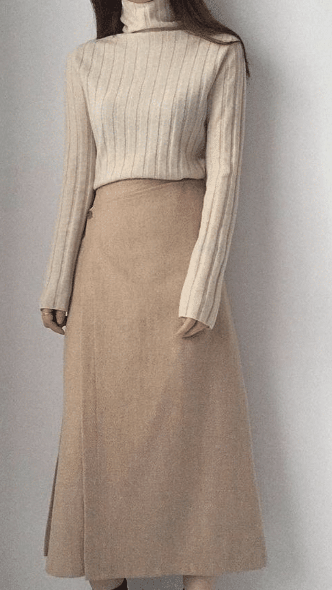 Khakhi long skirt with Textured Hihneck Sweater.png