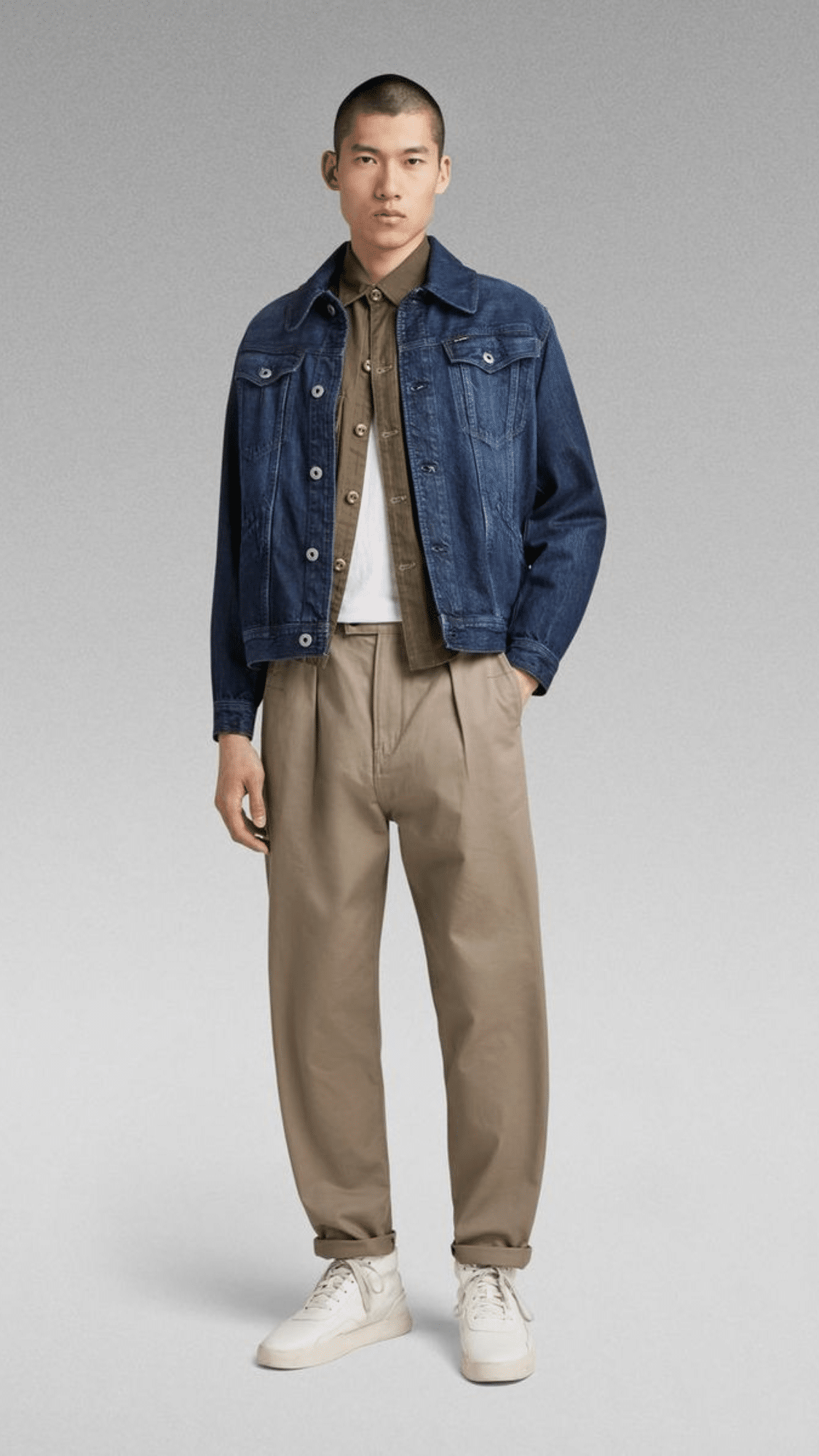 Khaki Jeans Blue Denim Jacket and white tee