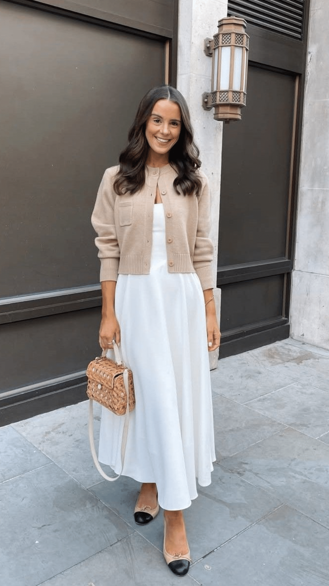 Pastel Khaki Cardigan White Dress