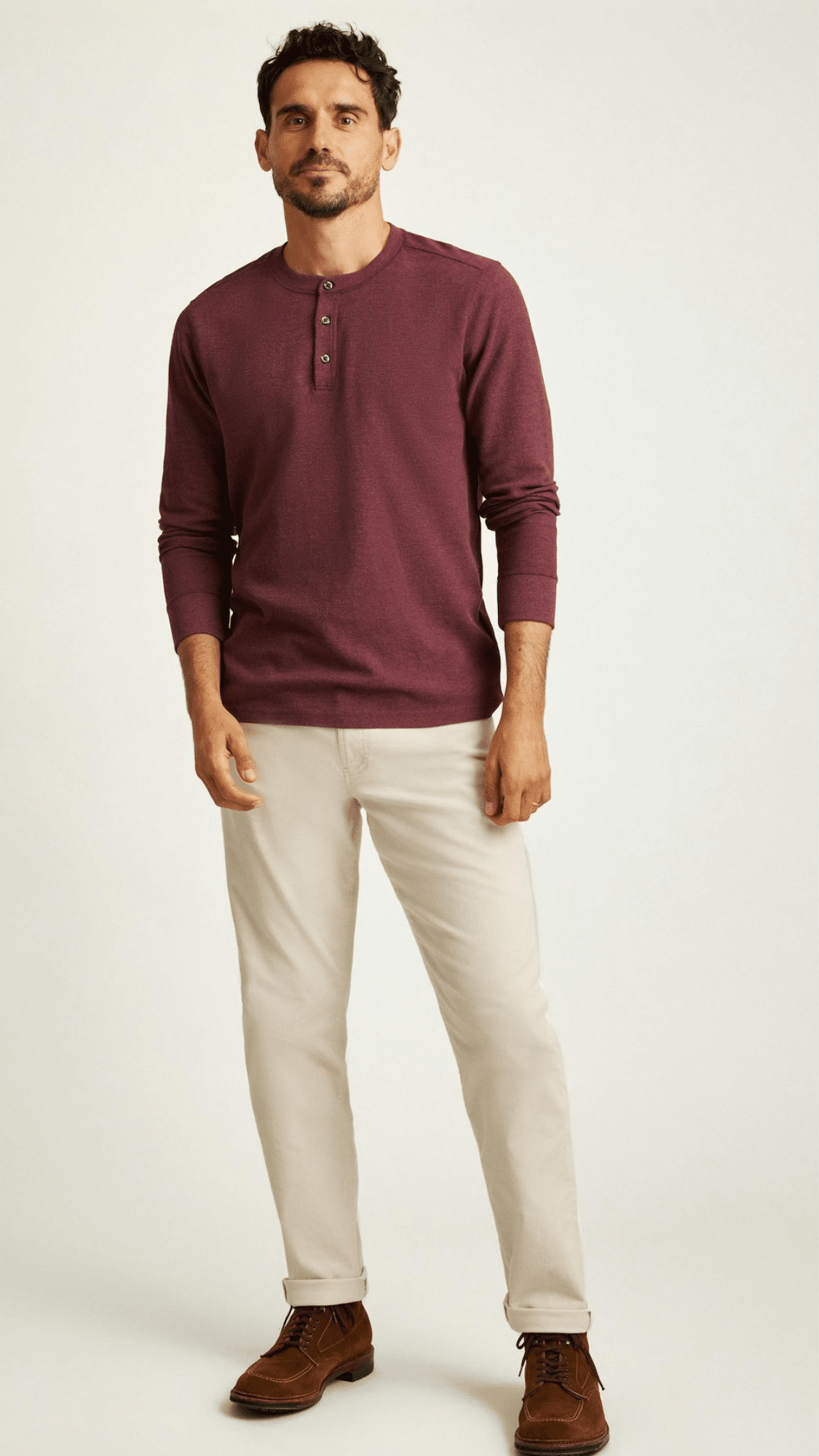 Pastel Khaki Pants Maroon Henley Shirt (1)