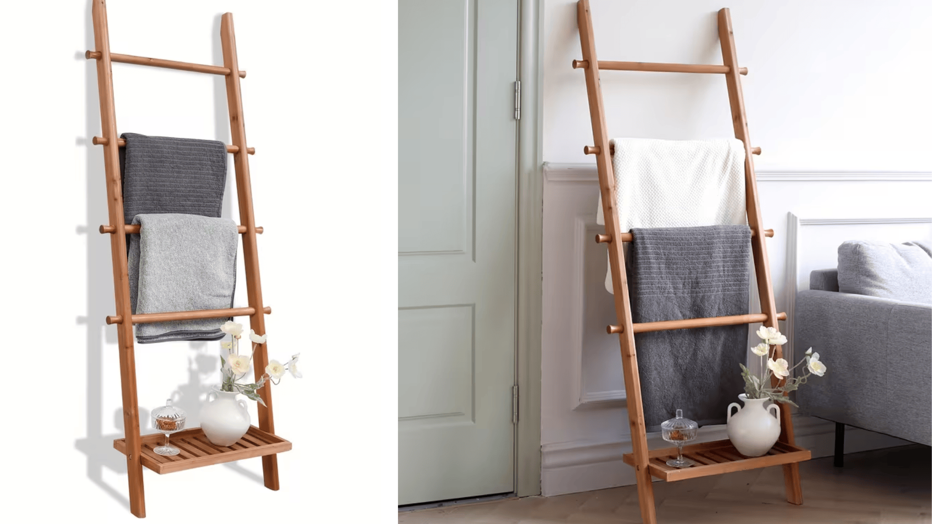 wood blanket ladder with bottom shelf