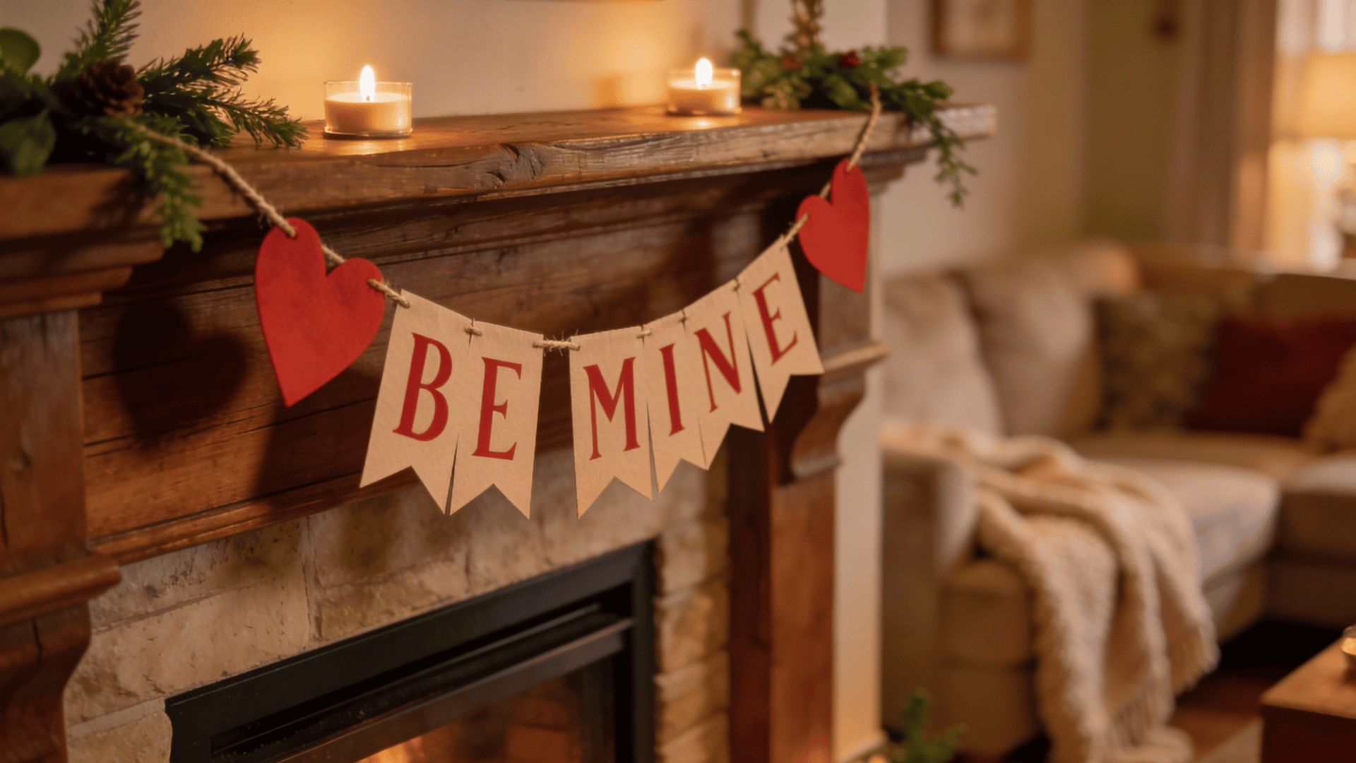 A Be Mine Valentine's banner hangs across a rustic wooden mantel decorated with lit candles and pine greenery above a stone fireplace, with a blurred living room in the background.
