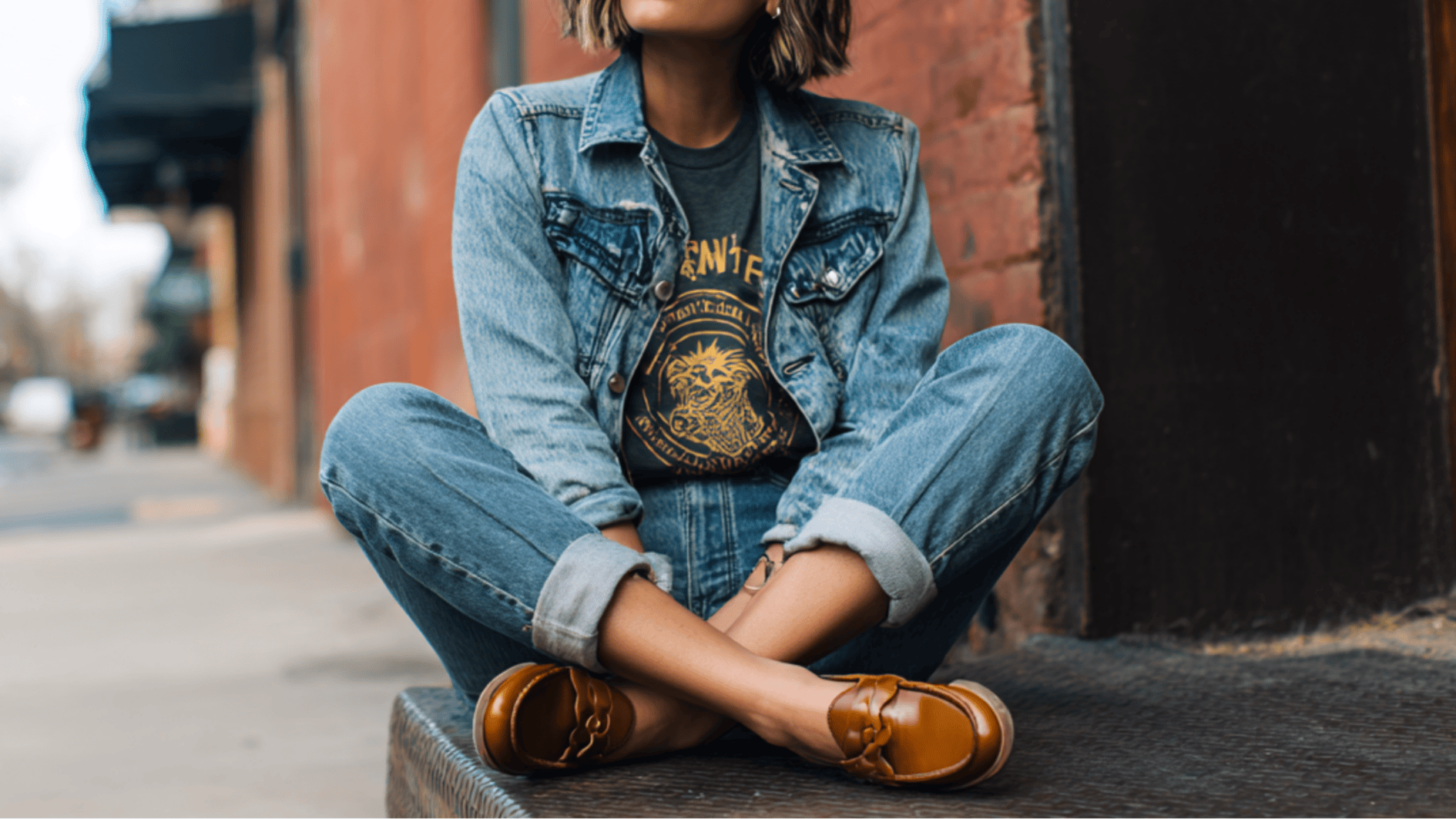 A casually dressed woman sits on a curb wearing a denim jacket jeans and loafers showing an easy relaxed everyday clothing style