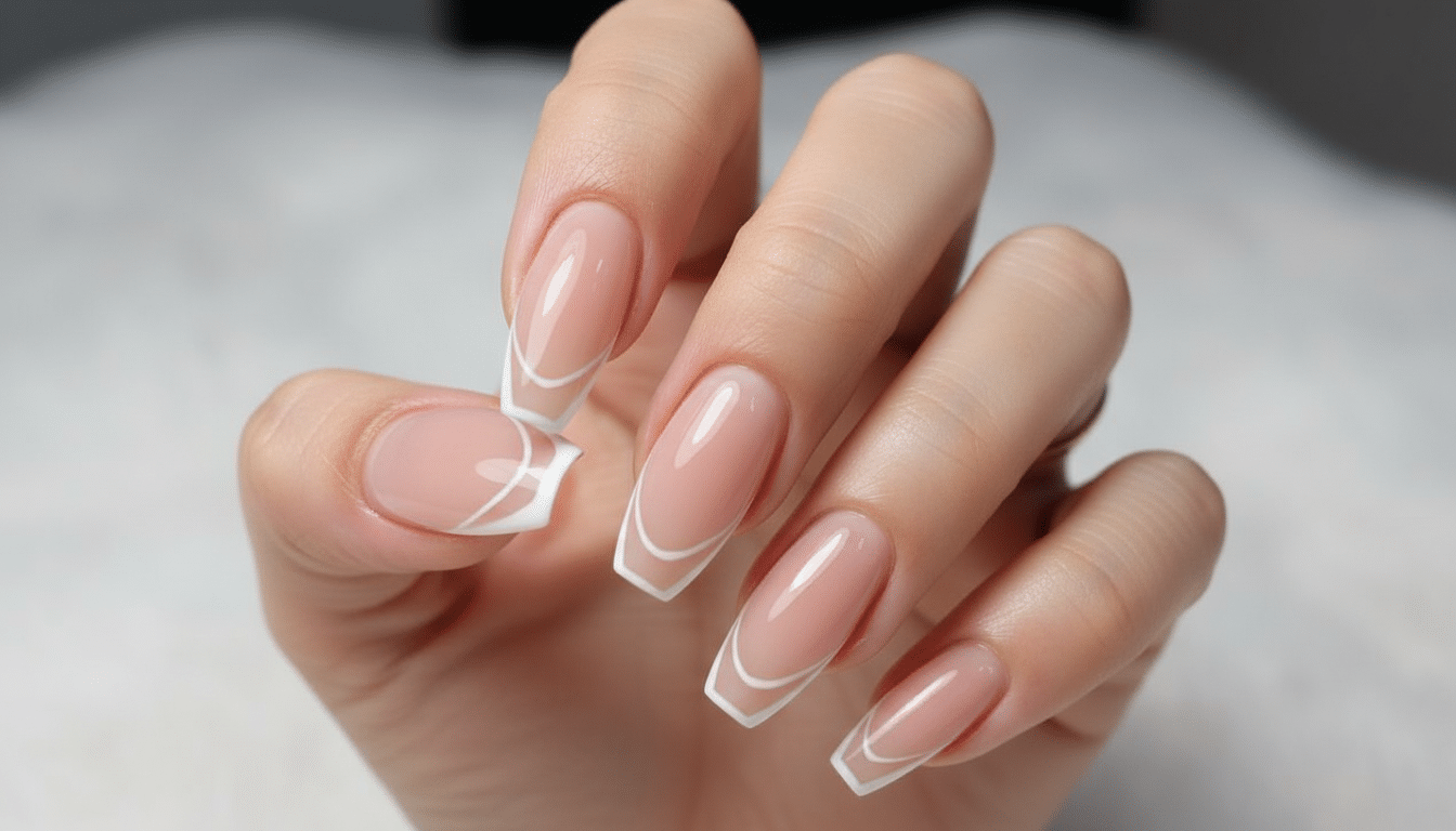 A close-up of a woman's hand showcasing a a spring nail design with layered outline tips for a modern geometric look