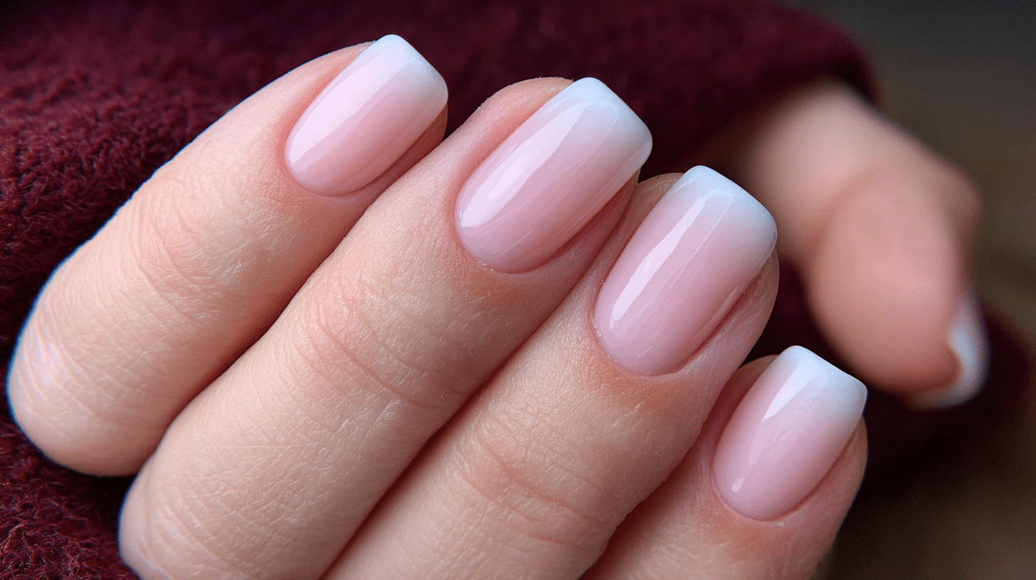 A close-up of a woman's hand showcasing pink and white nails, reflecting spring nail trends in style and length