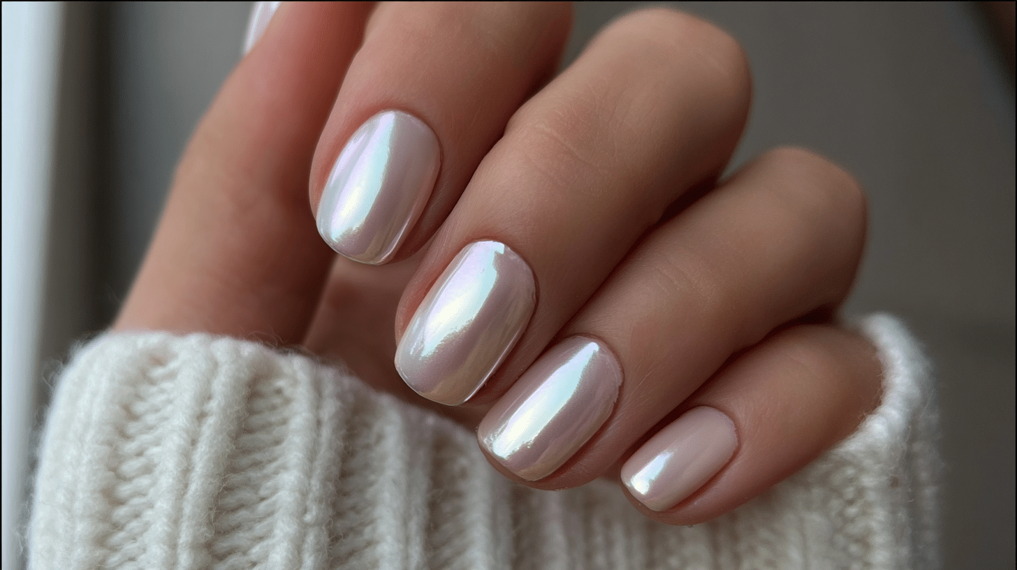 A close-up of a woman's hand showing a spring nail trend with pearl chrome nails gripping a white sweater, highlighting a chic look
