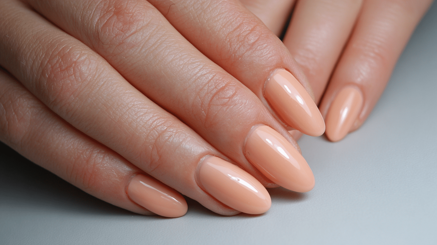 A close-up of a woman's hands showcasing glossy peach nail polish with soft orange tones and almond-shaped nails in clear lighting