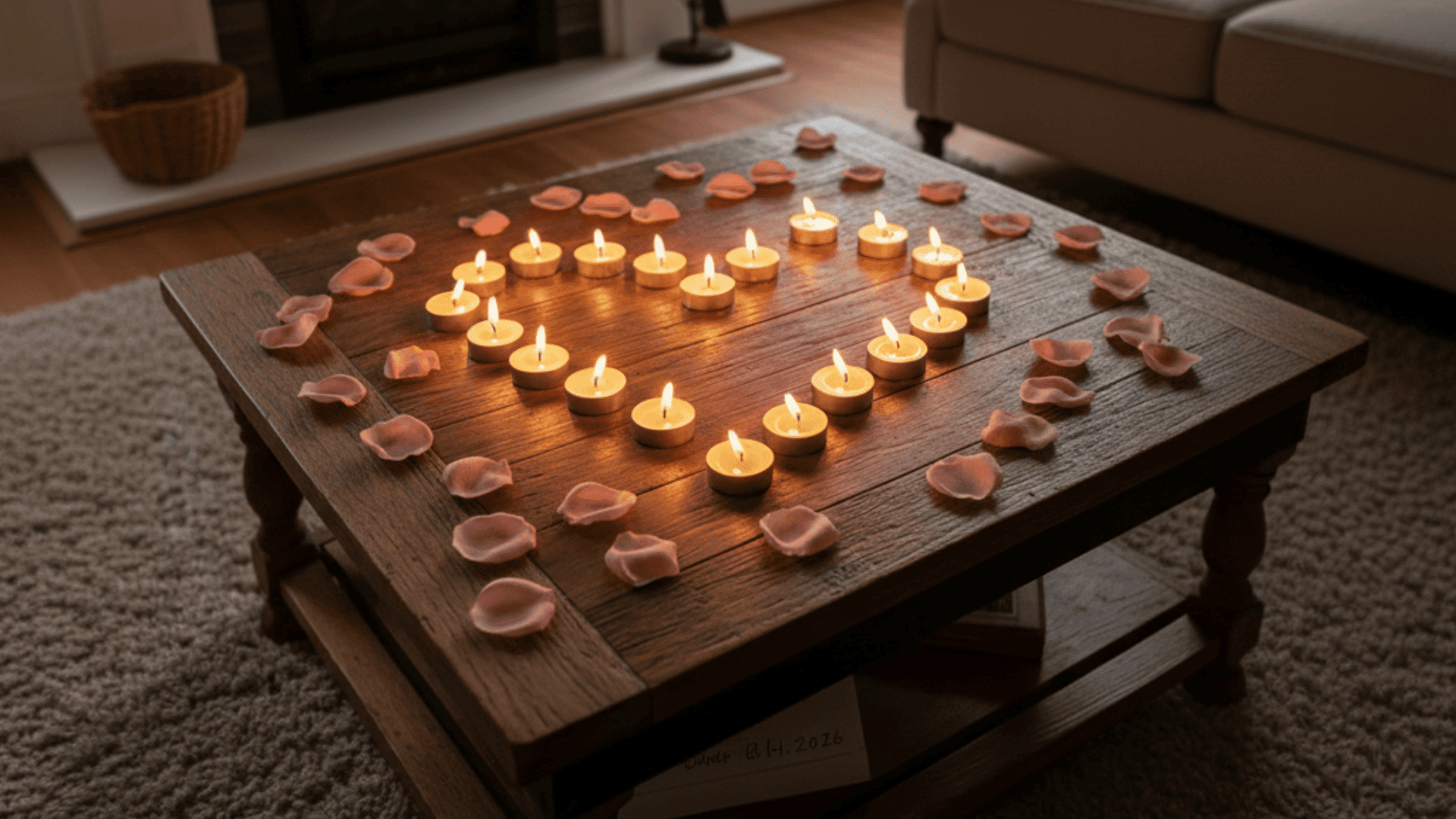 A close-up of tealight candles arranged in a heart shape with pink rose petals scattered on a dark wooden coffee table in a dimly lit living room with a fireplace and couch in the background.