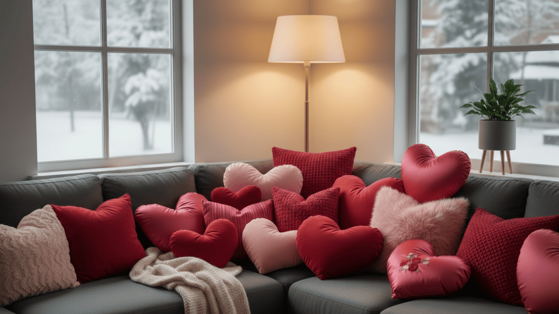A cozy living room corner with a grey sectional sofa piled high with red and pink heart-shaped pillows, illuminated by a standing lamp, while a snowy scene is visible outside the windows.