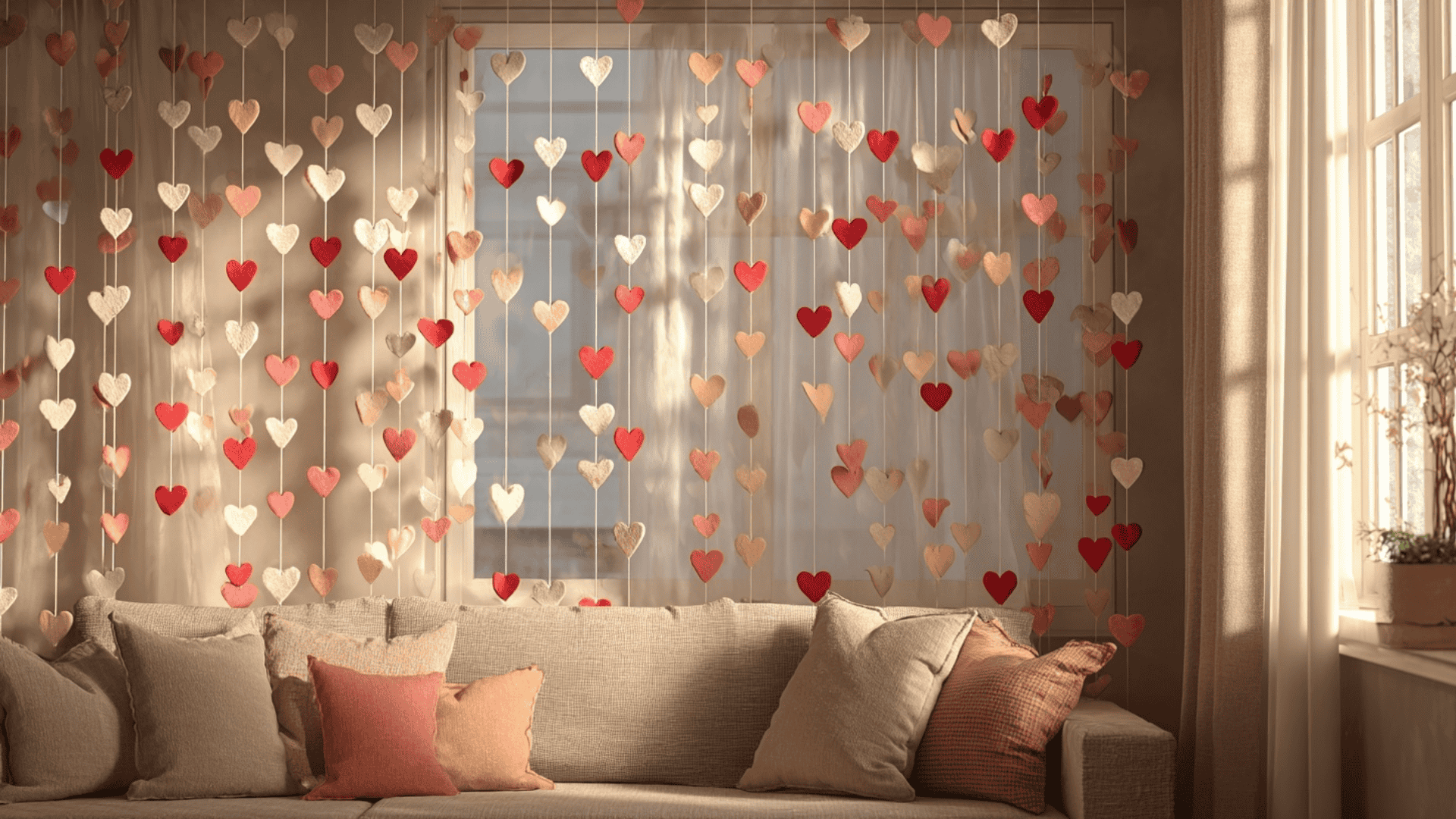 A living room window is decorated with hanging pink, red, and gold paper hearts suspended in front of sheer white curtains above a neutral-colored couch.