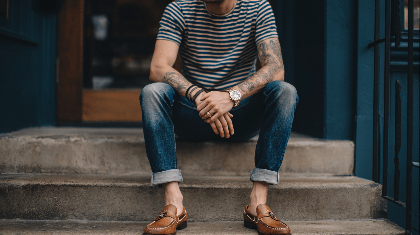 A man wearing a striped shirt and jeans sits on steps showing a relaxed outfit that works well for casual daily outings