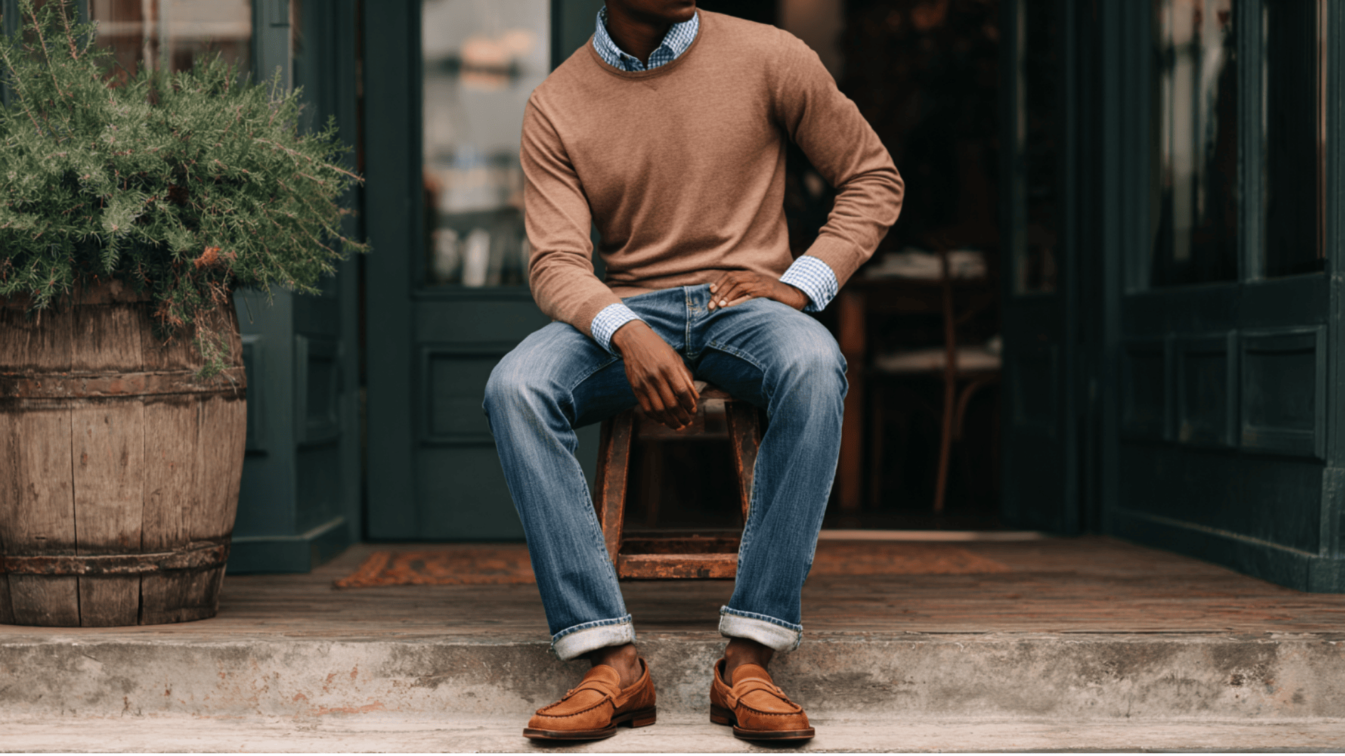 A man wearing a tan sweater and jeans sits on a bench showing a casual weekend outfit paired with loafers