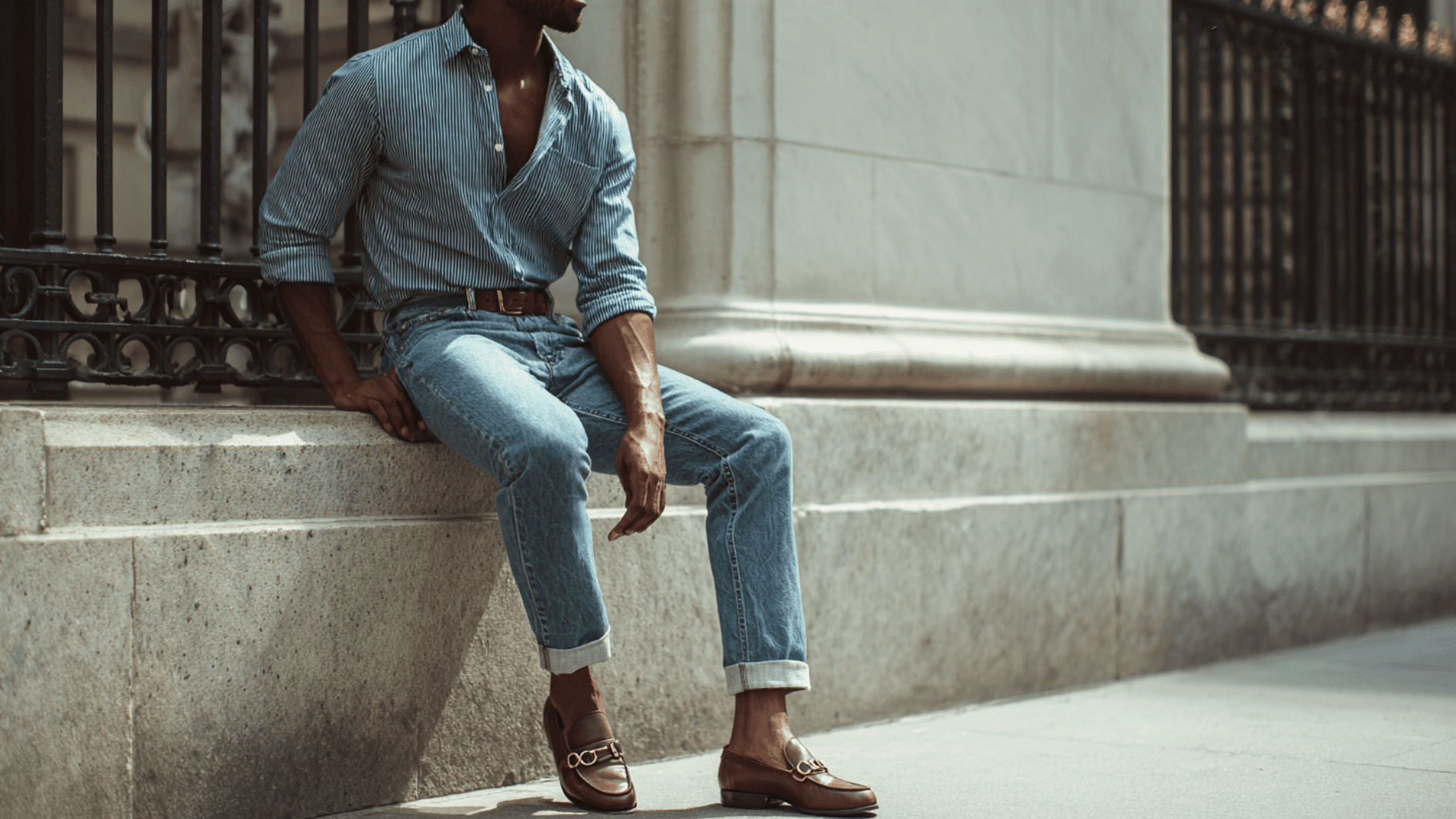 A man wearing a tucked in button down shirt and jeans sits on a ledge showing a smart casual outfit paired with loafers