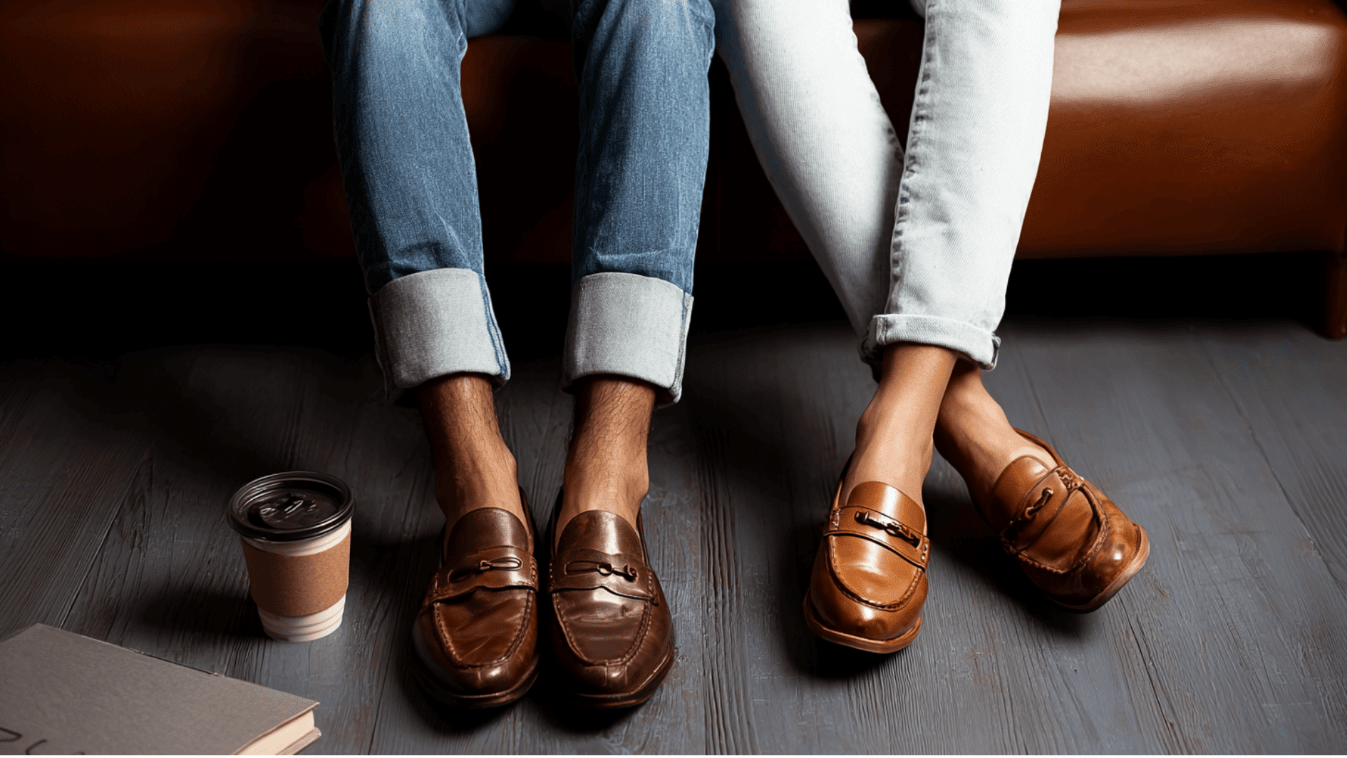 A pair of people wearing brown loafers and jeans, comfortably sitting on a couch, showcasing a relaxed fashion look