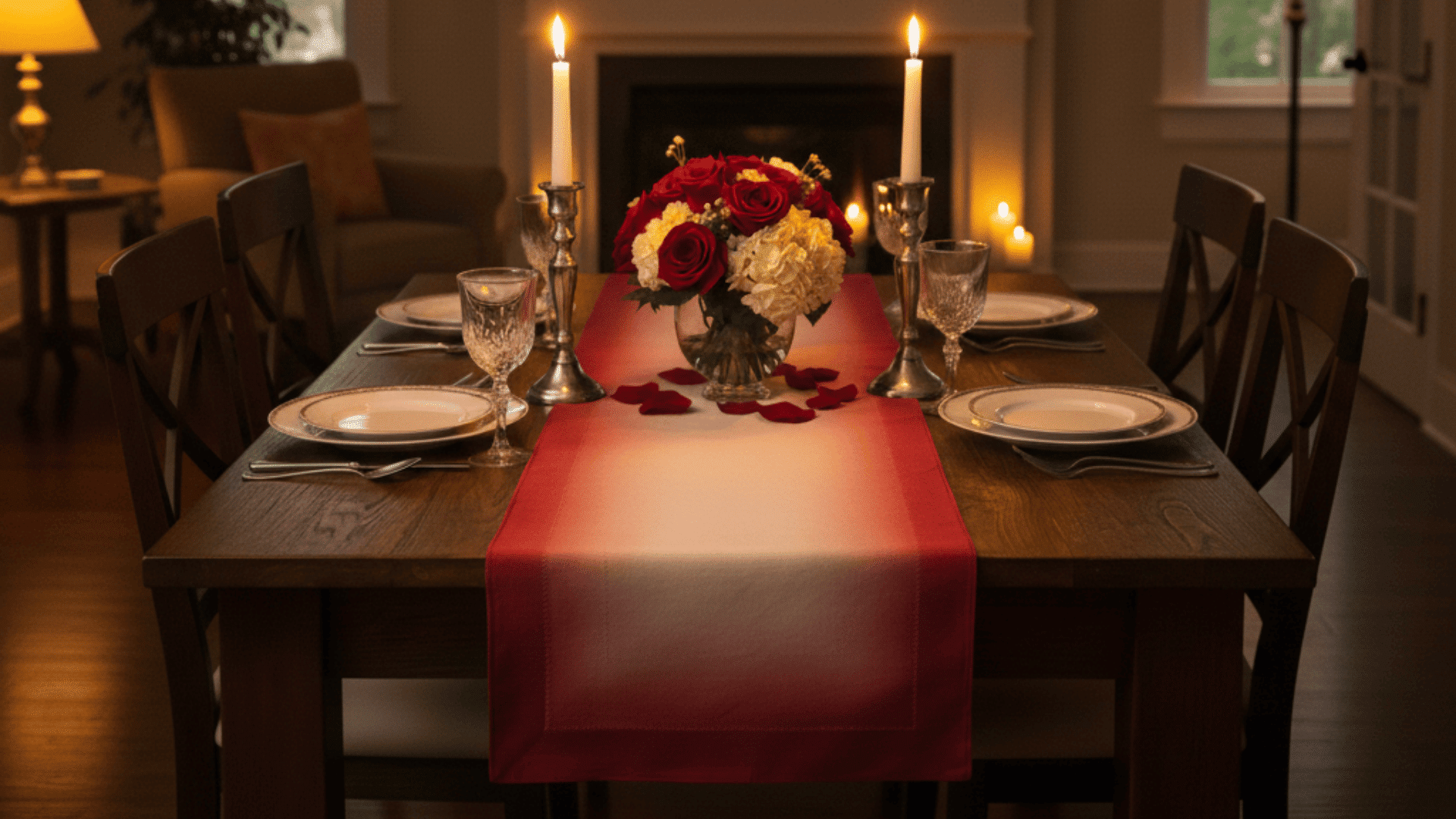 A romantic, candlelit dining table set for two with a centerpiece of red and white roses, set against a dimly lit room with a fireplace mantle.