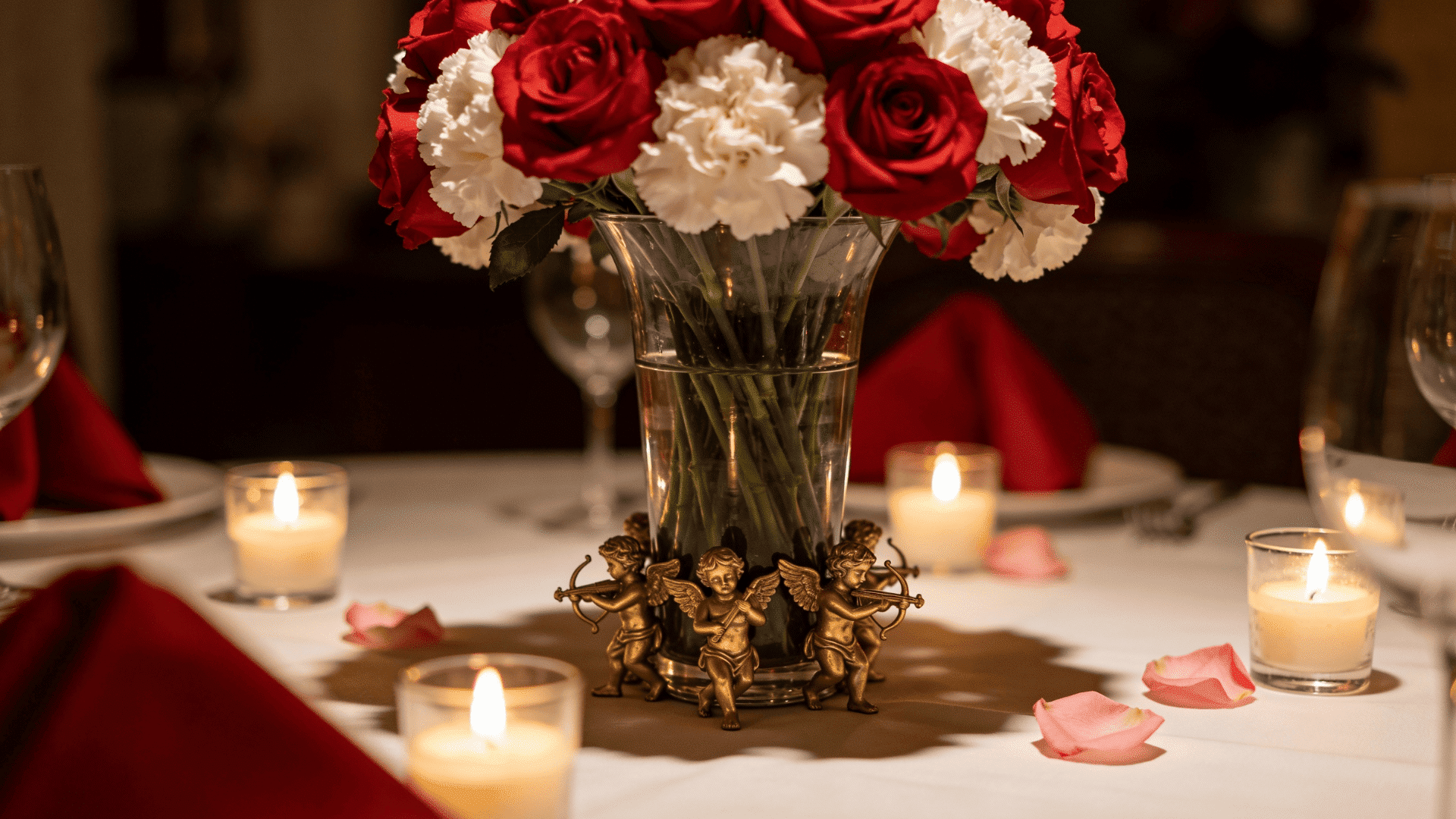 A romantic dinner table setting features a centerpiece vase of red roses and white carnations, surrounded by lit votive candles, rose petals, and a brass cherub base.