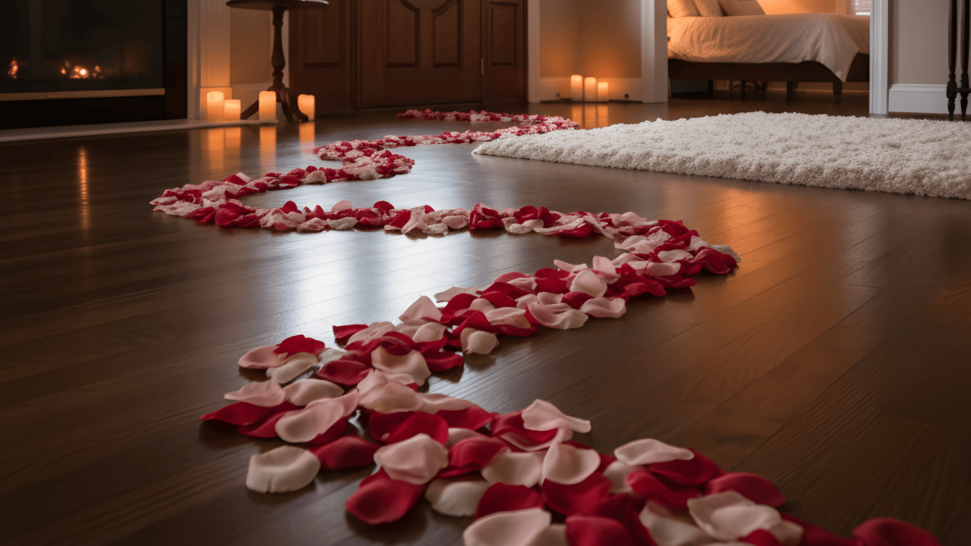 A romantic hallway setup featuring a winding path of red and white rose petals leading toward a softly lit bedroom doorway, with a fireplace and champagne nearby.