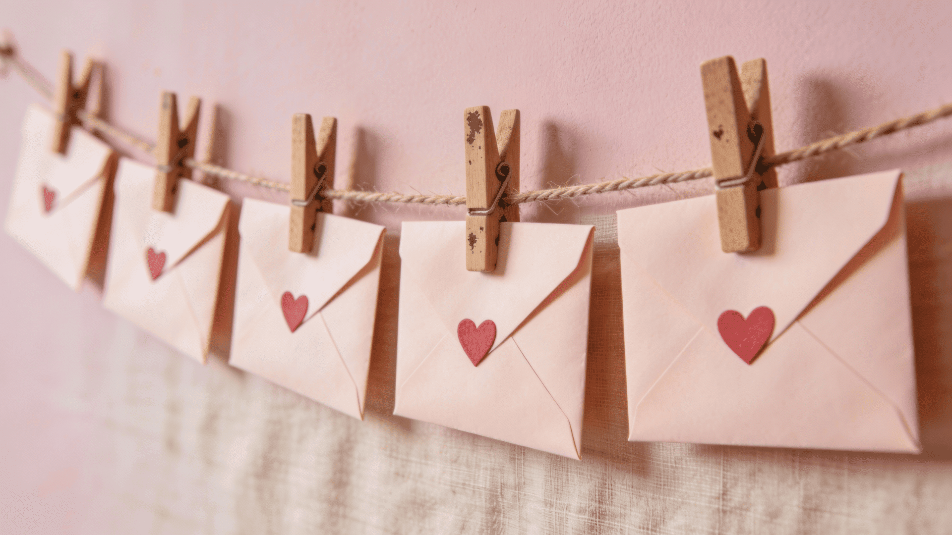 A row of light pink envelopes, each sealed with a small red heart, hangs from a twine clothesline using rustic wooden clothespins against a soft pink background.