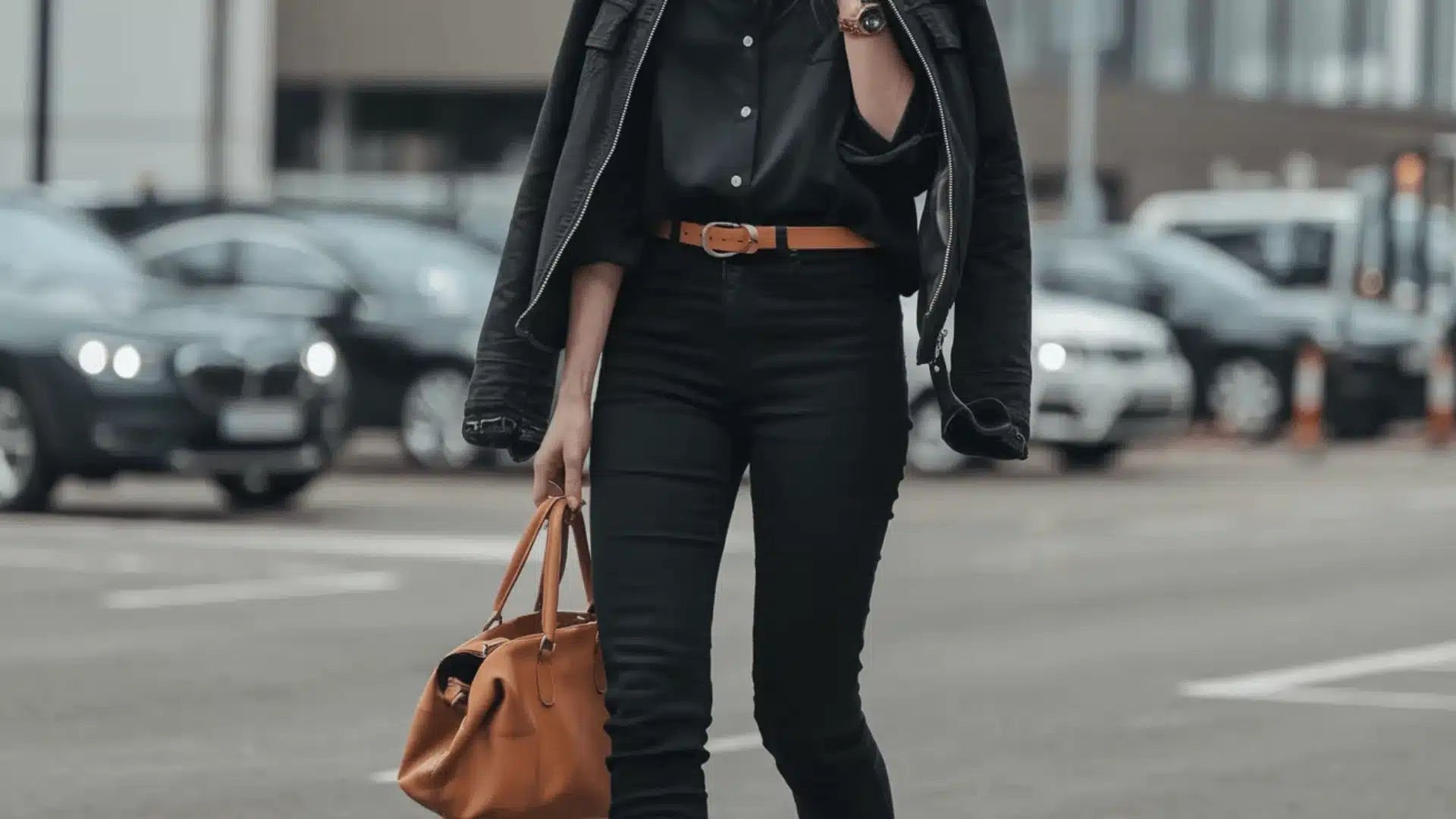 A woman dressed in a black shirt, black jeans, and a leather jacket