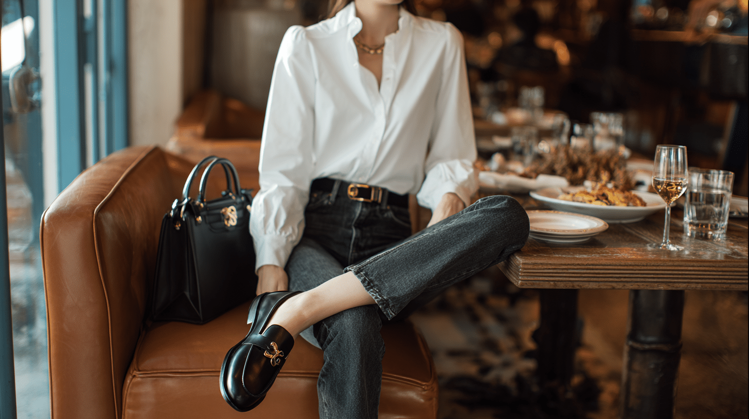 A woman in a white blouse and black pants sits on a chair showing a smart casual office look with black loafers