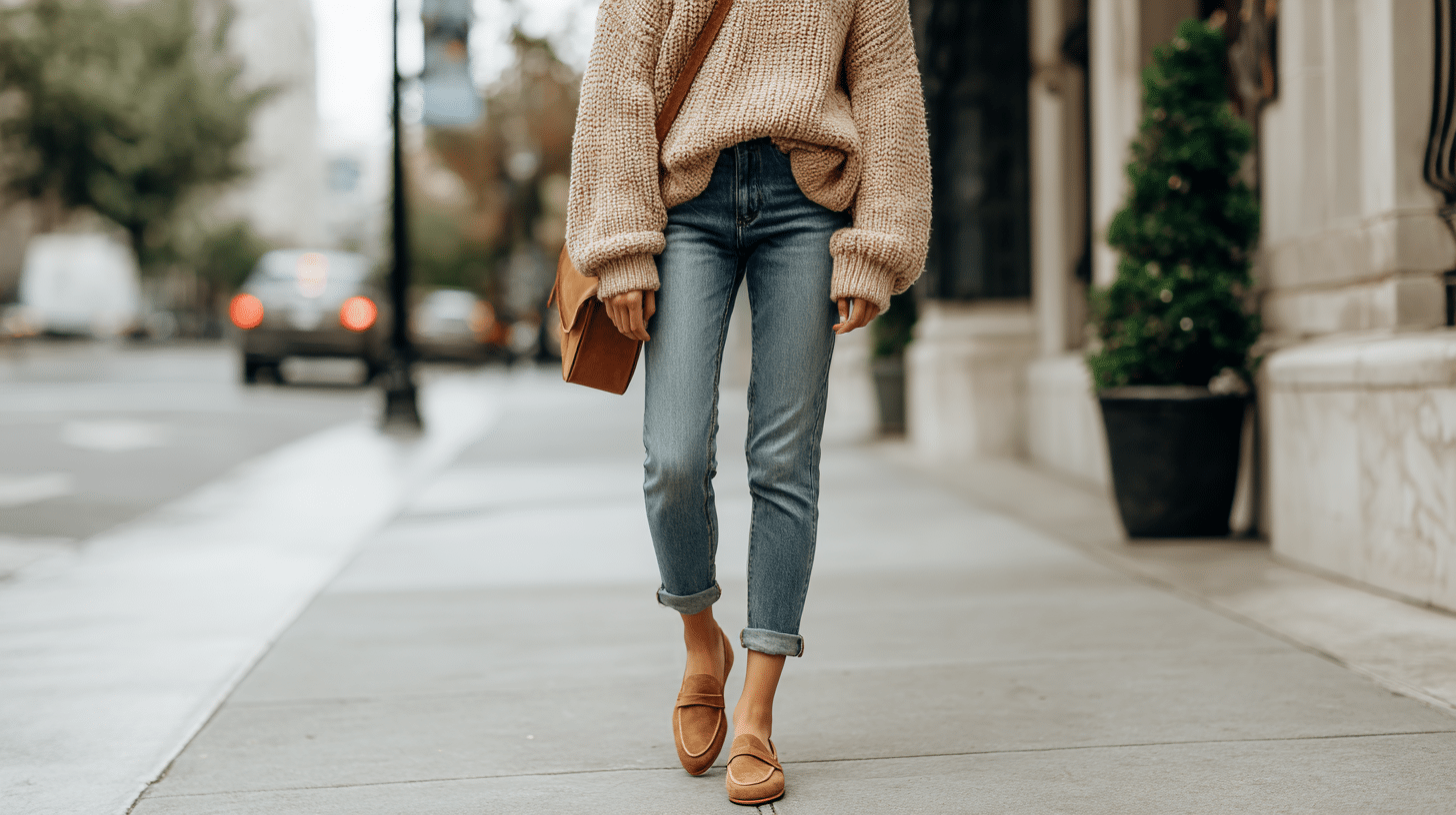 A woman wearing a beige oversized sweater and jeans walks down the street showing tan suede loafers and a crossbody bag