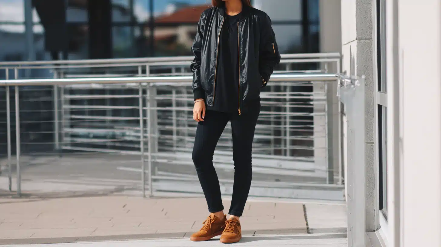 A woman wearing a black bomber jacket and black pants stands in casual style.