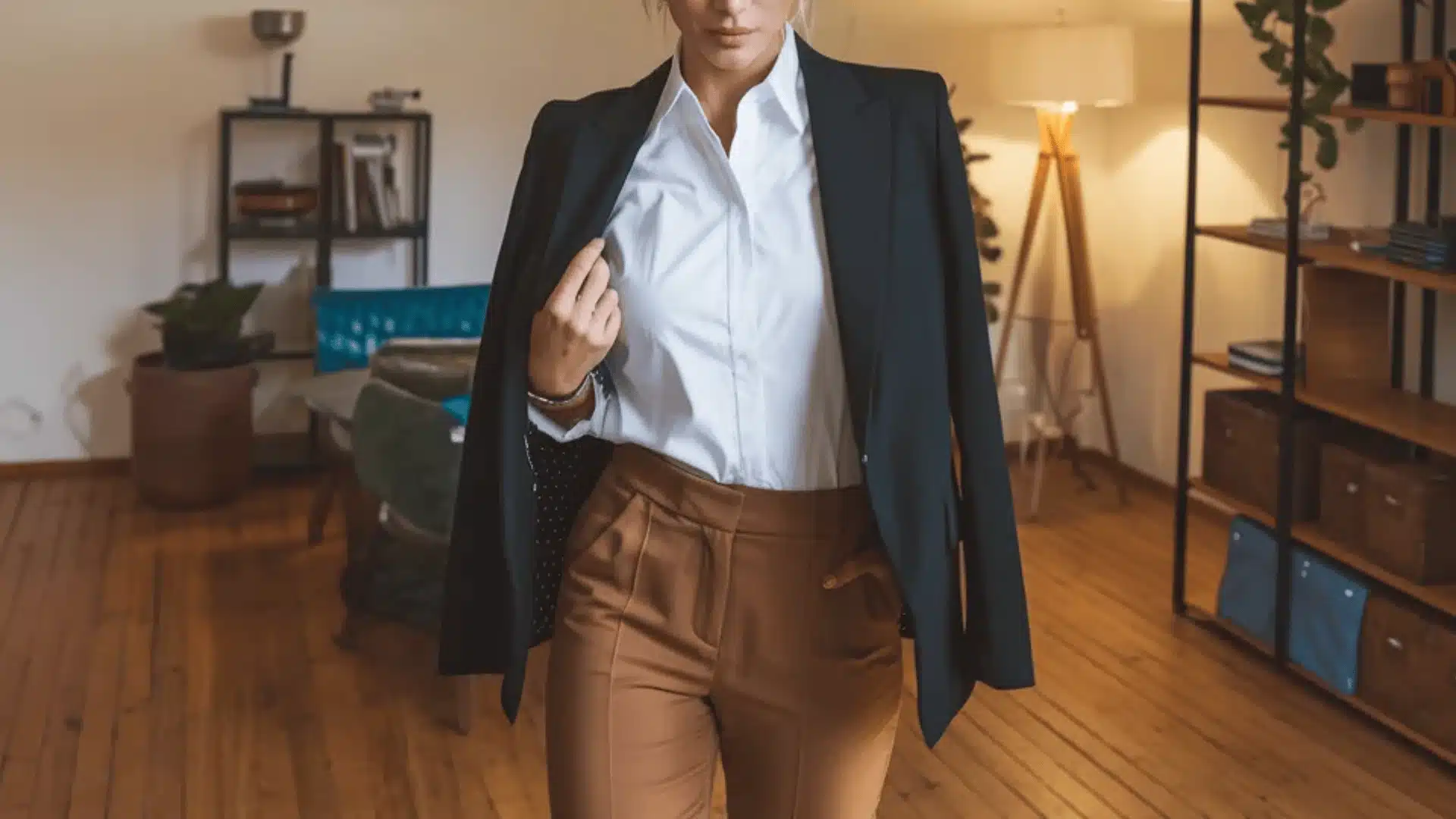 A woman wearing a white shirt and black jacket walks alone in an empty room