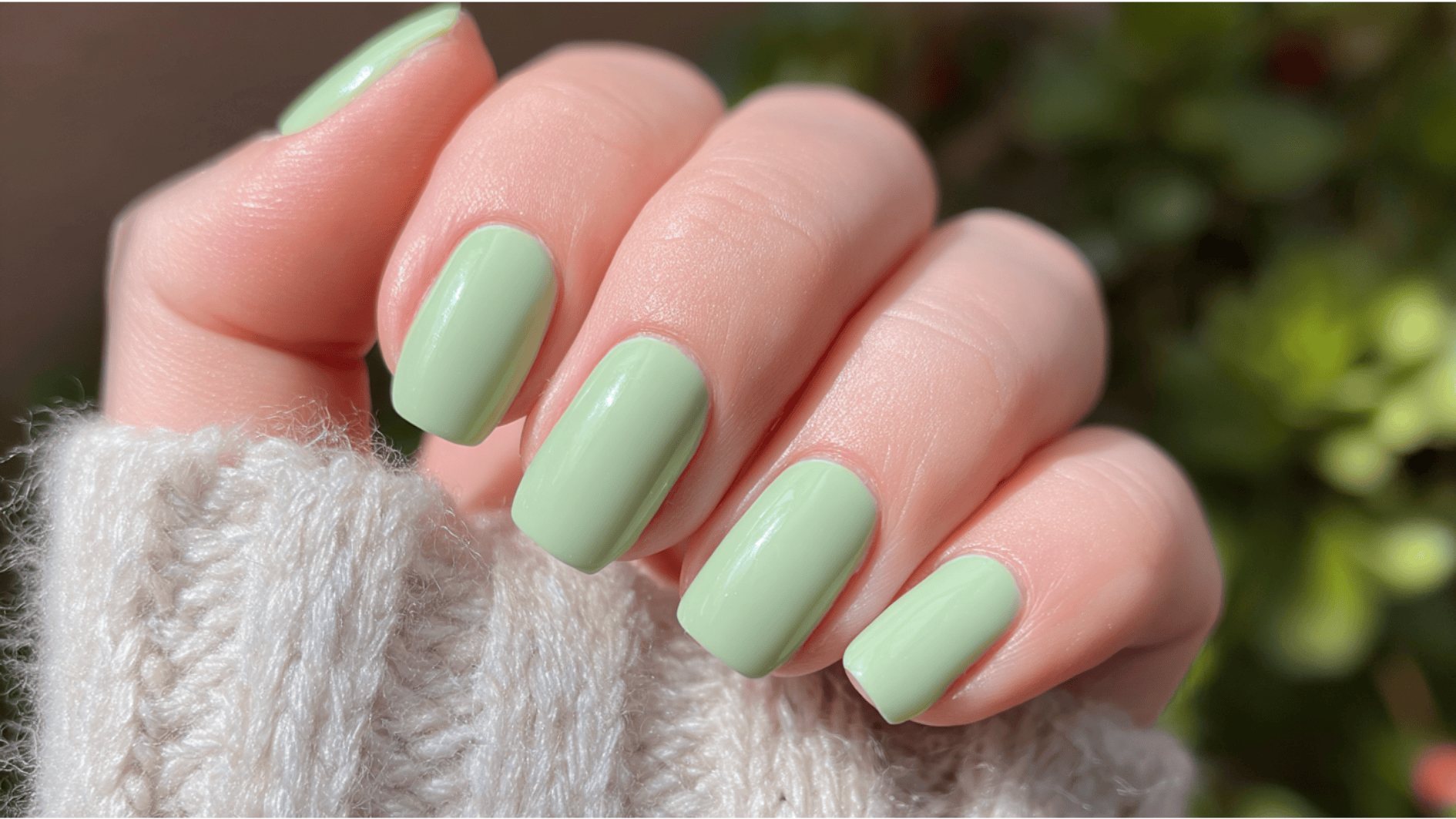 A woman's hand displaying a manicured green nail, showing a spring look that pairs well with gold jewelry for everyday outfits