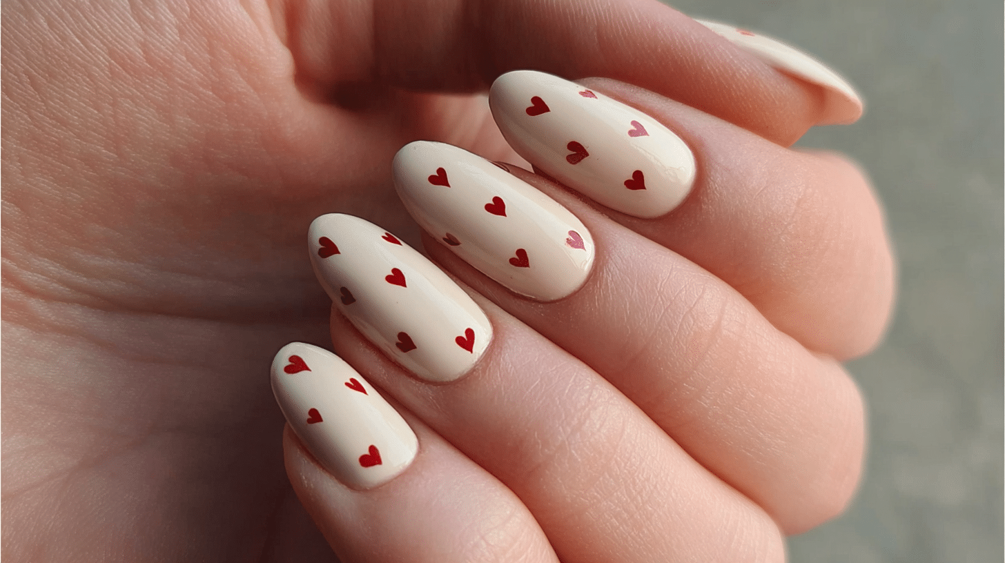 A woman's hand displaying milky nude nails with red heart designs, showing a clean minimal nail art style suitable for daily wear