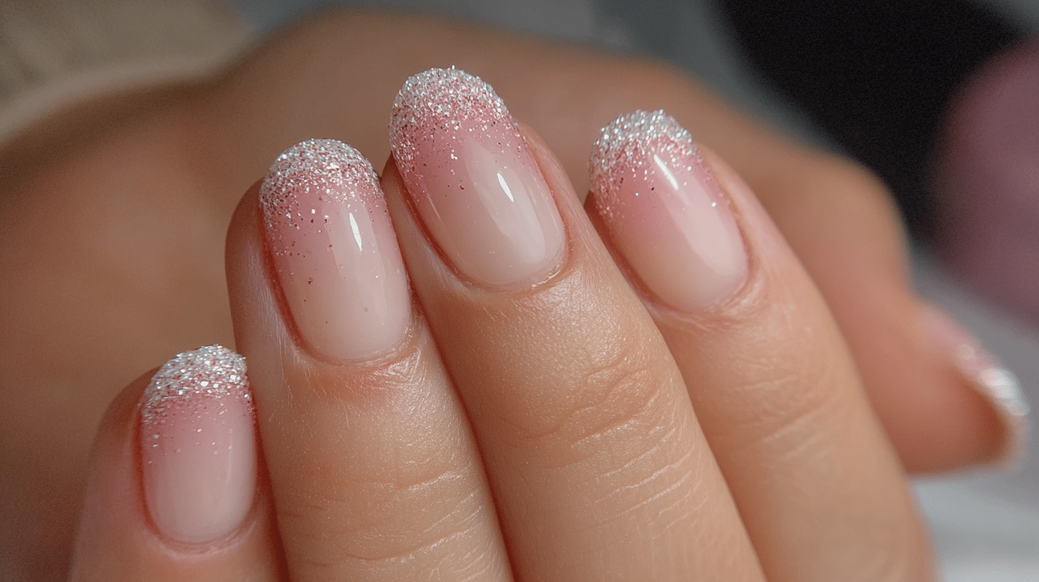 A woman's hand displaying pink and white nails, featuring a glossy base and glitter at the tips for added sparkle