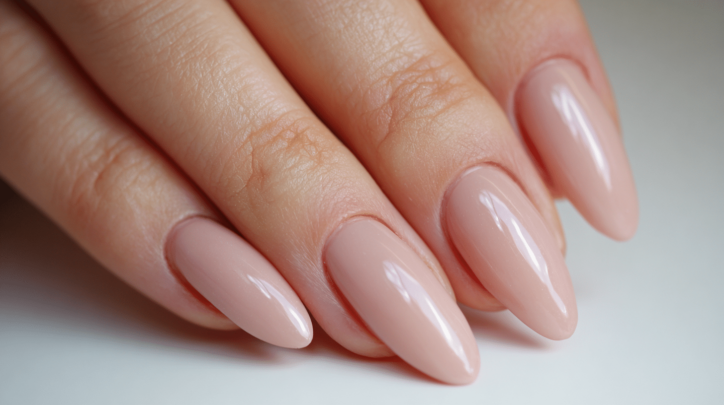 A woman's hand displaying spring nail trend on long almond nails painted in a soft blush pink showing a neat manicure style