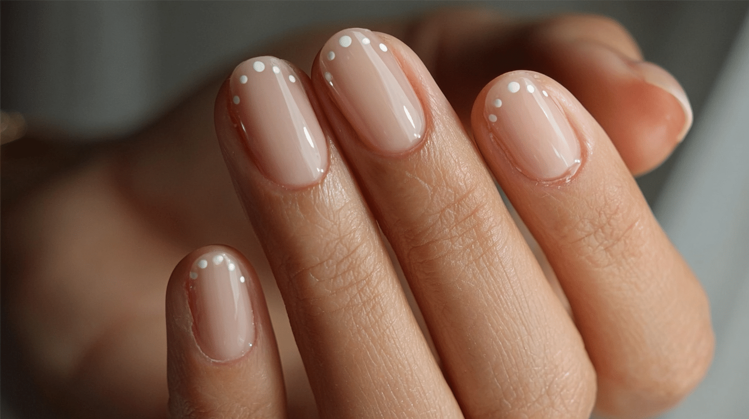 A womans hand shows oval nails painted in neutral shades with tiny white dots creating a simple nail design for daily wear