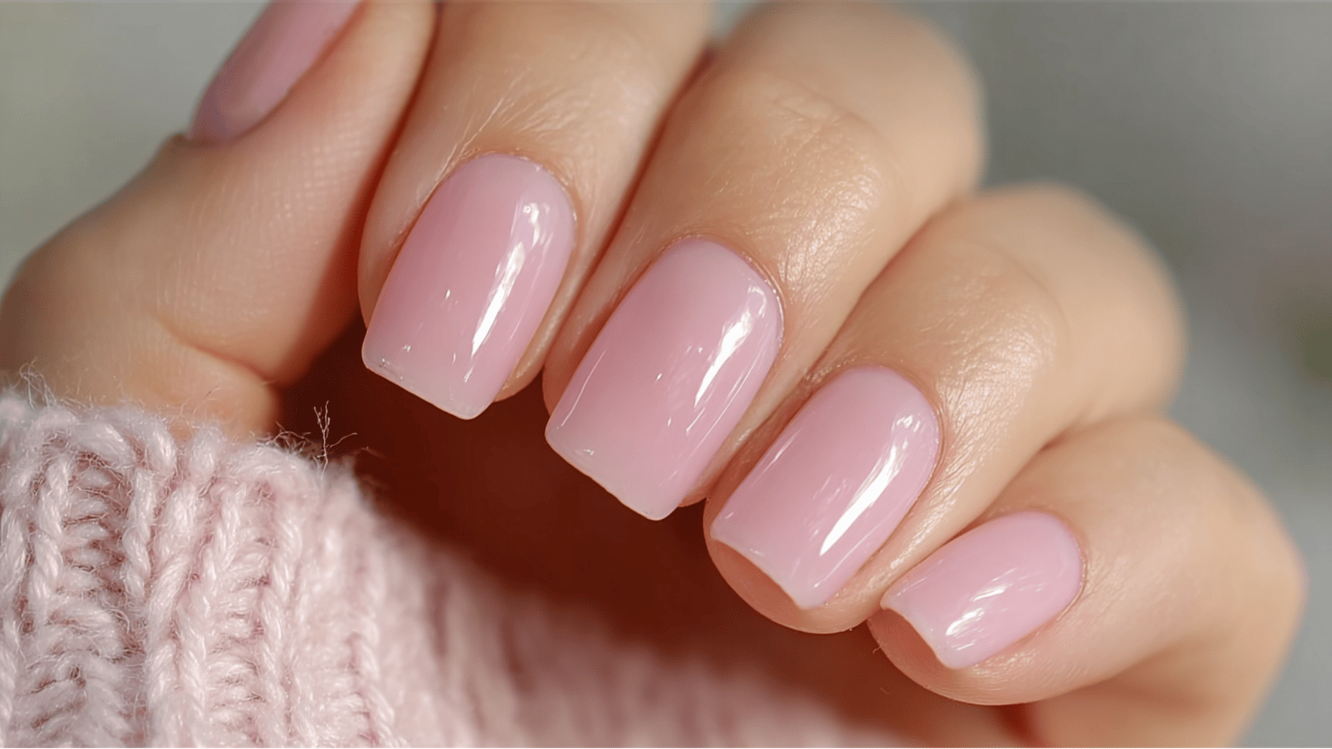 A womans hand shows square shaped nails with a soft pink sheer finish giving a neat healthy and well cared for nail look