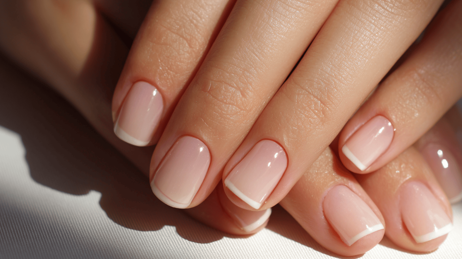 A woman's hands are displaying a spring nail trend with classic soft French tip nails with a sheer pink base and subtle white tips