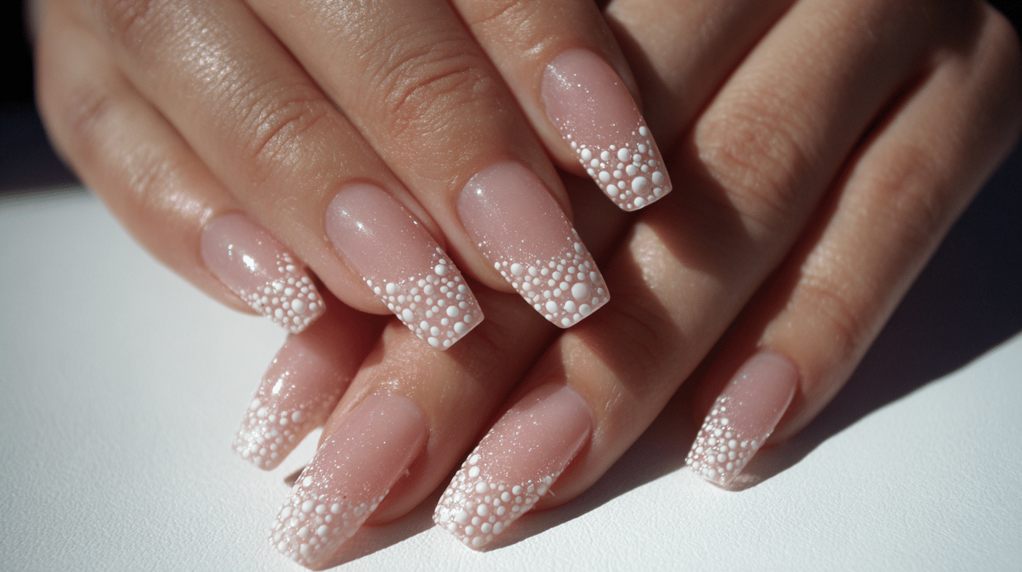 A woman's hands displaying almond nails featuring a white and pink design with small dots arranged in a gentle curve