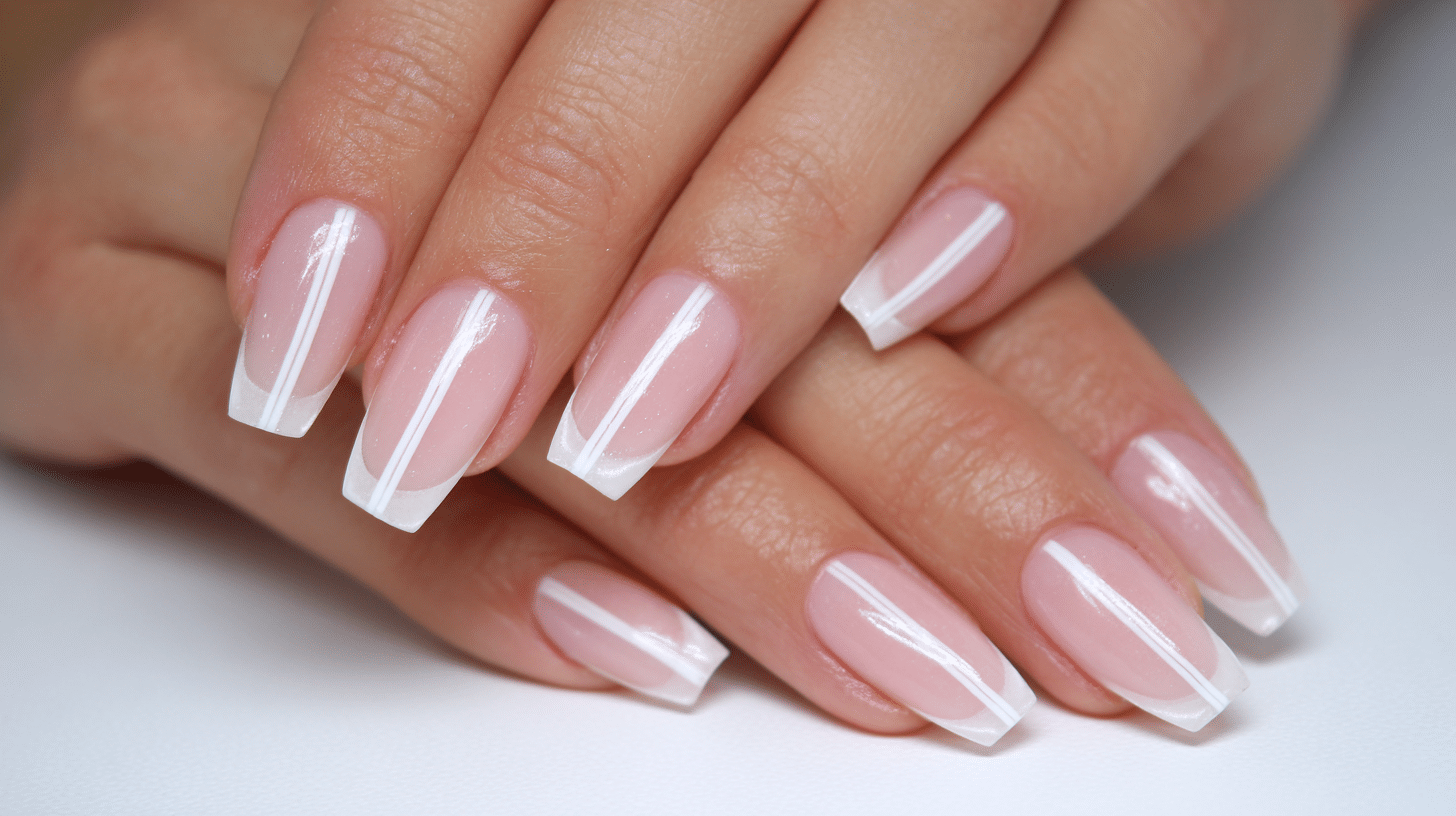 A woman's hands displaying coffin-shaped nails in white and pink, featuring continuous line art patterns with a clean artistic look