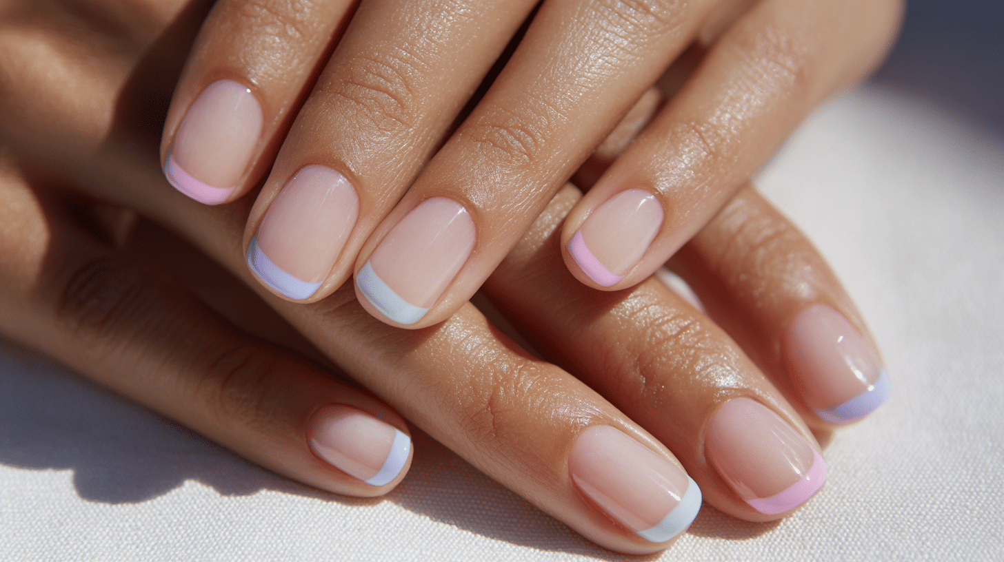 A woman's hands displaying short squoval nails with soft pink and lavender French tips, highlighting a fresh manicure look