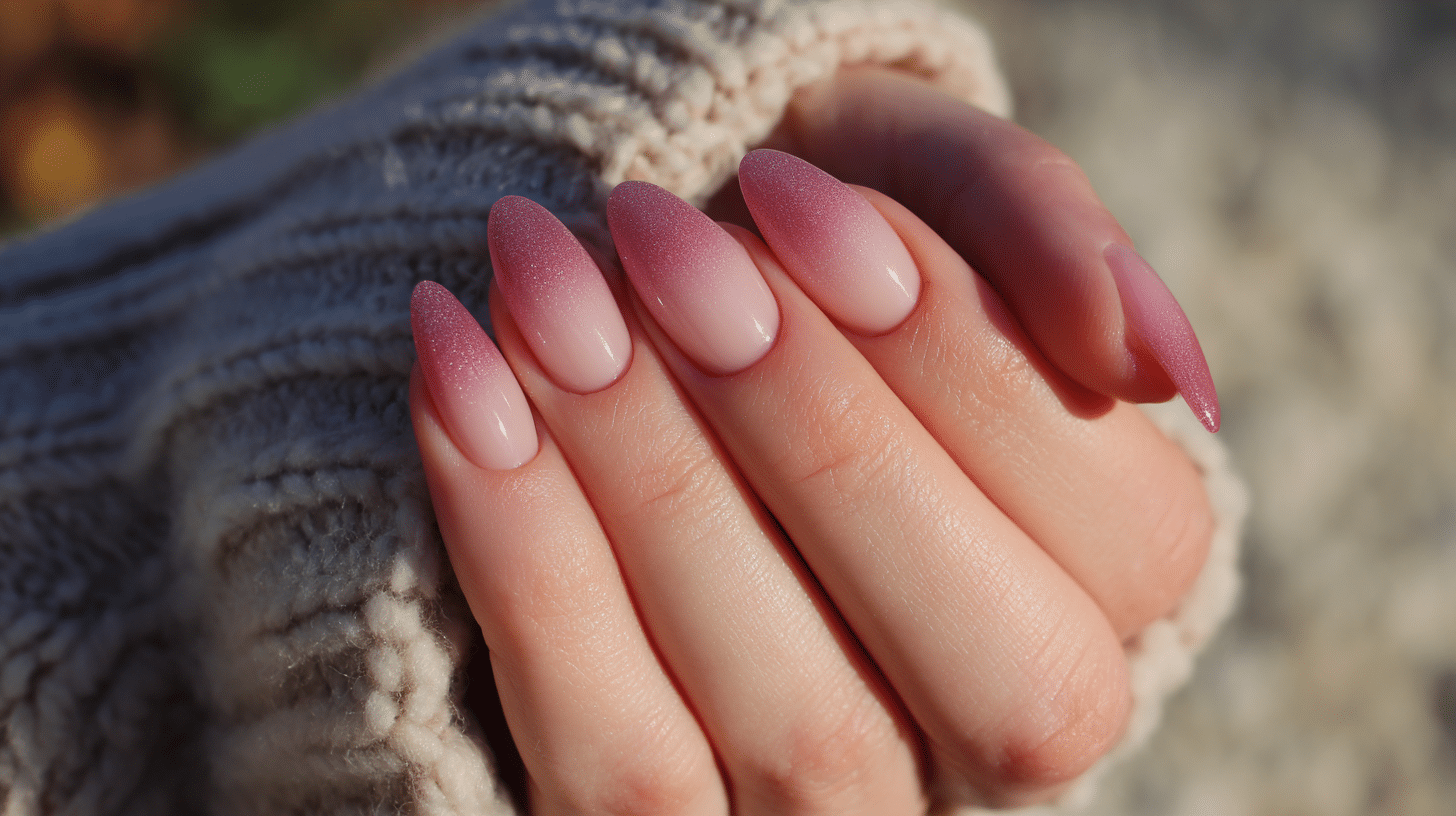 A woman's hands showcasing spring nail design with pink ombré nails featuring a smooth gradient gently placed on a soft sweater