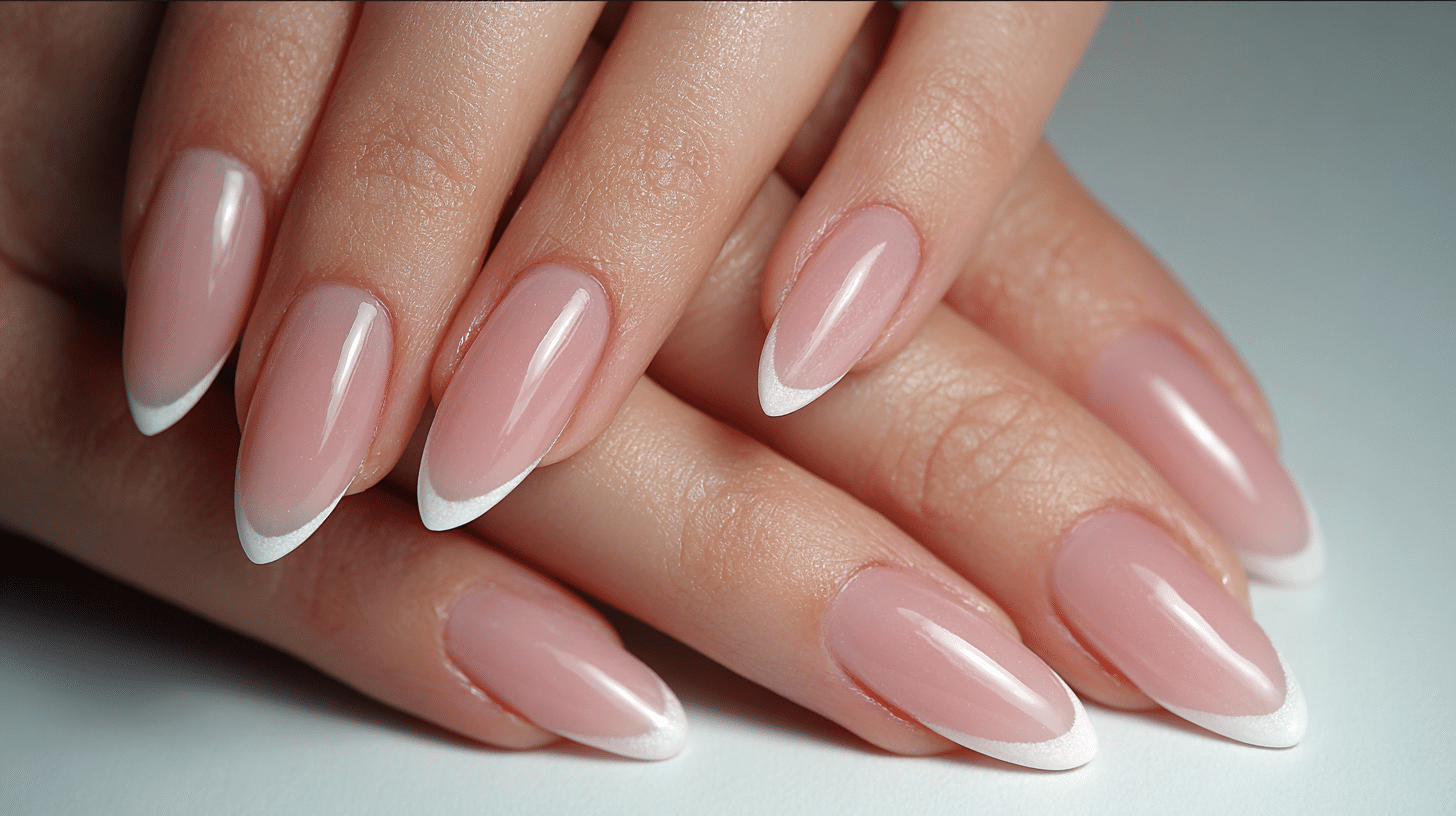 A woman's hands with almond-shaped nails, featuring a pink and white design and a continuous thin border highlighting their shape