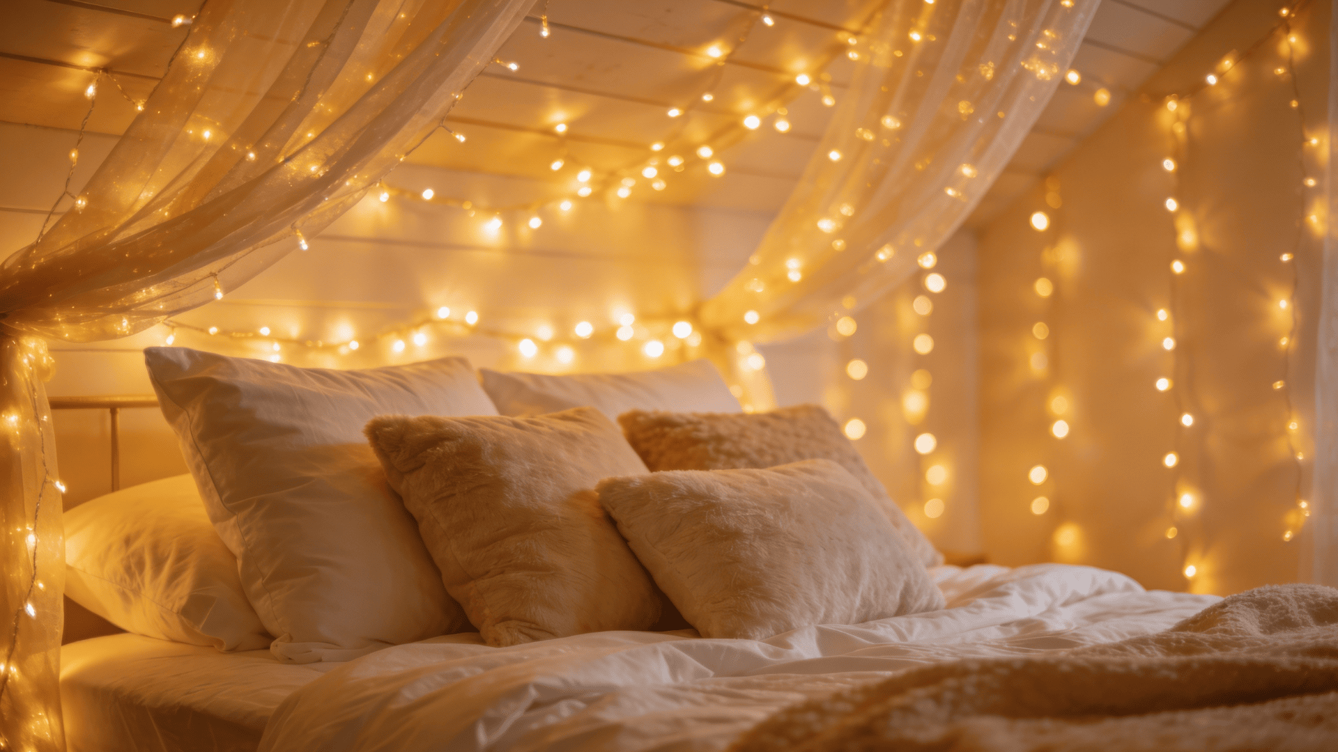 Cozy bedroom with white bedding, plush pillows, and warm yellow fairy lights draped over sheer canopy fabric.